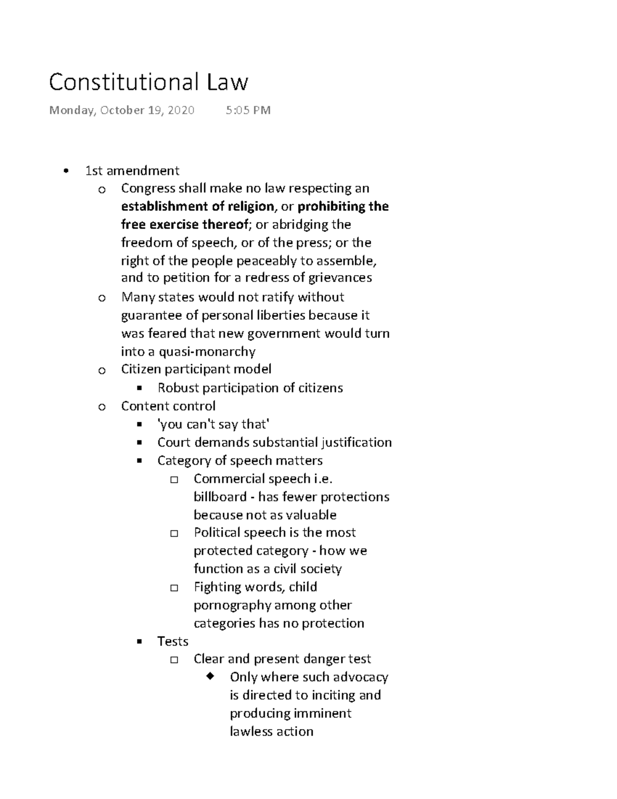 Constitutional Law 1st amendment Congress shall make no law