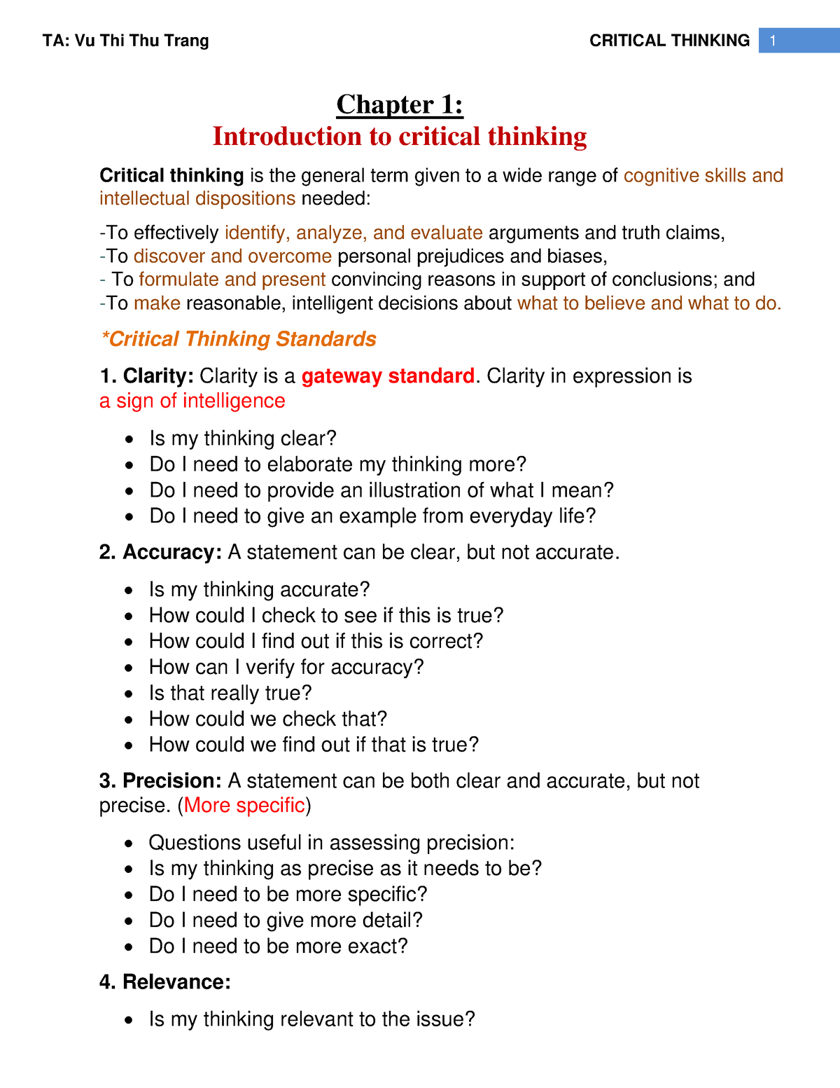 introduction to critical thinking quizlet