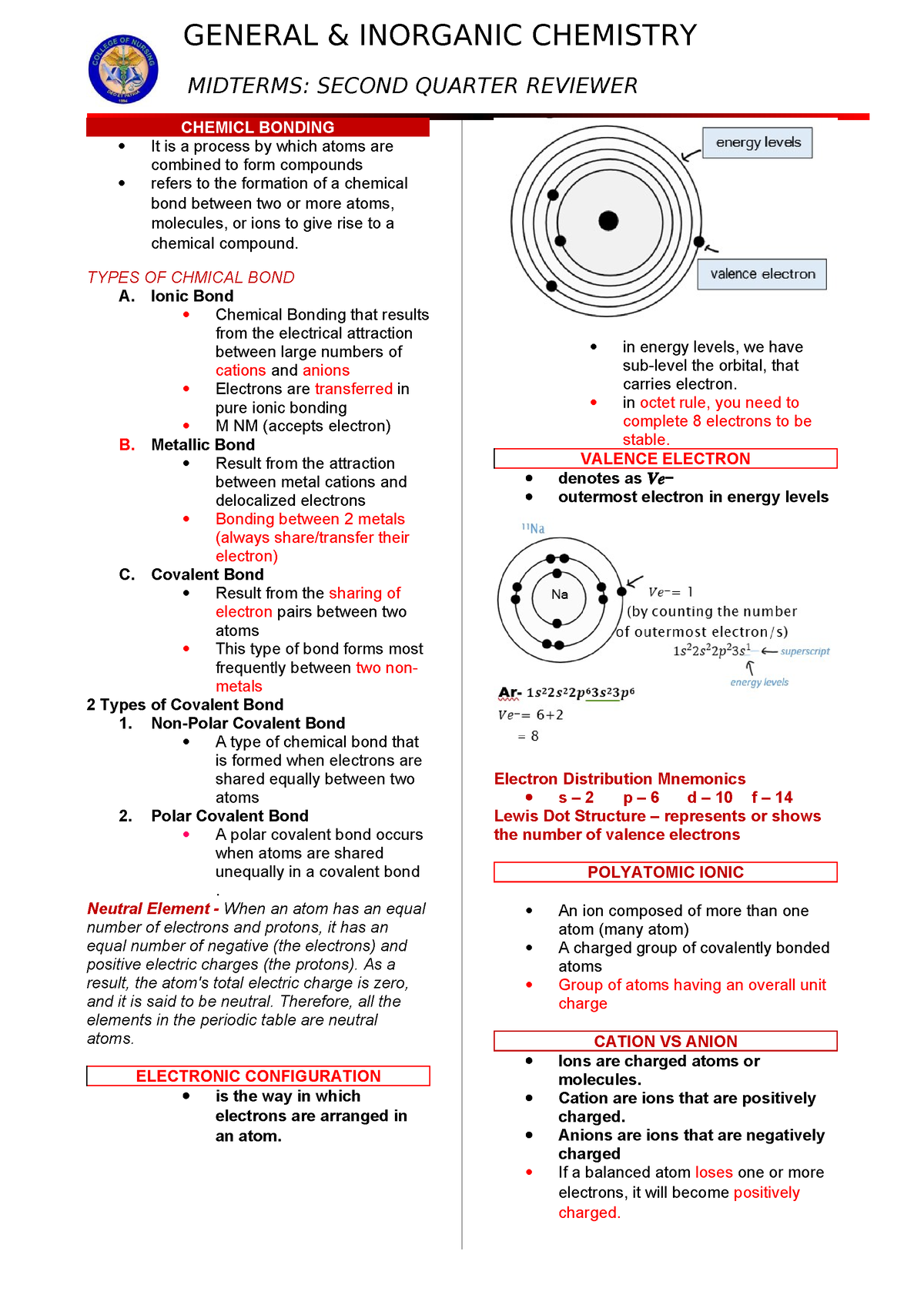 General Chemistry Midterm Reviewer - MIDTERMS: SECOND QUARTER REVIEWER ...