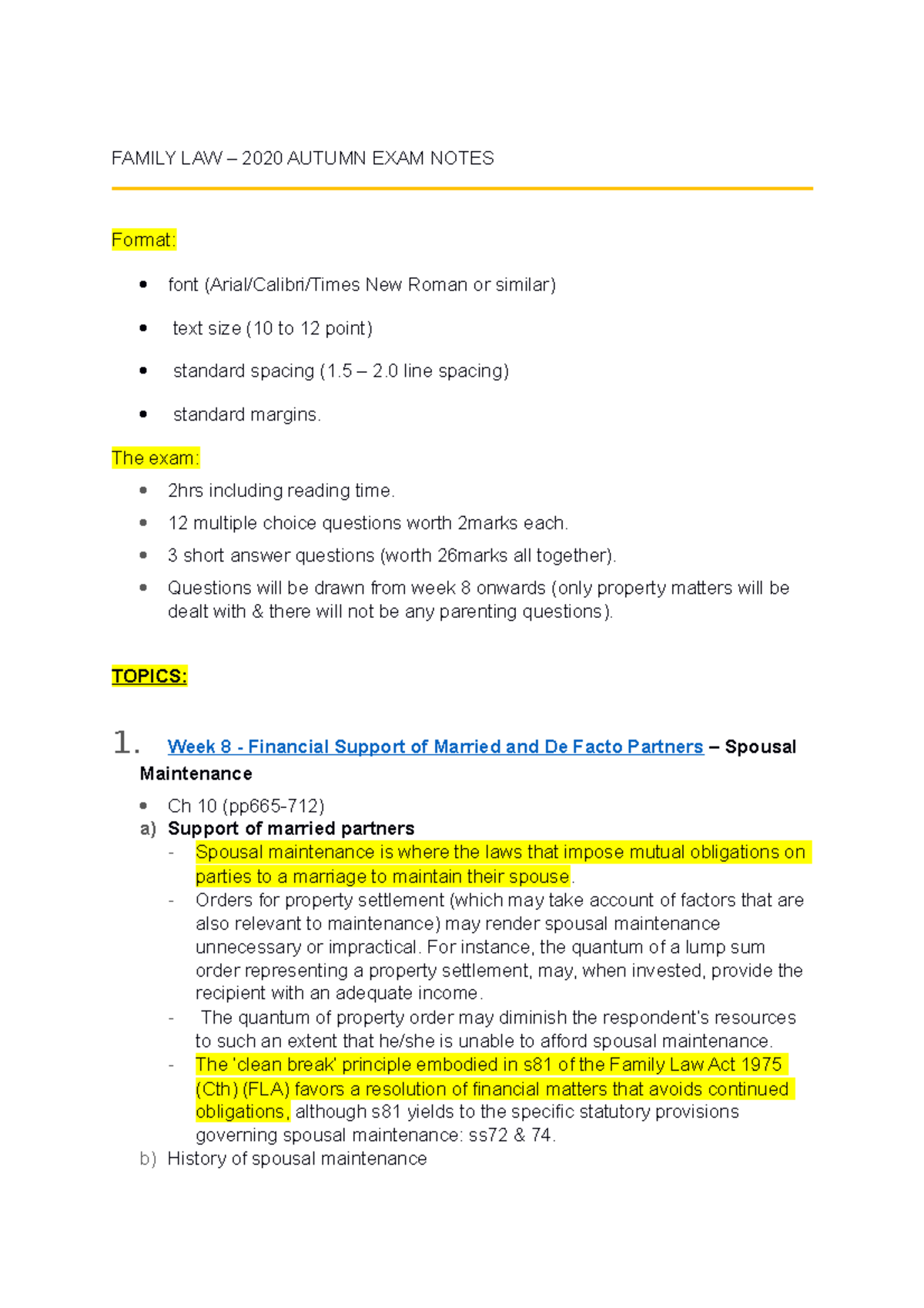 Family LAW - notes - FAMILY LAW – 2020 AUTUMN EXAM NOTES Format: font ...