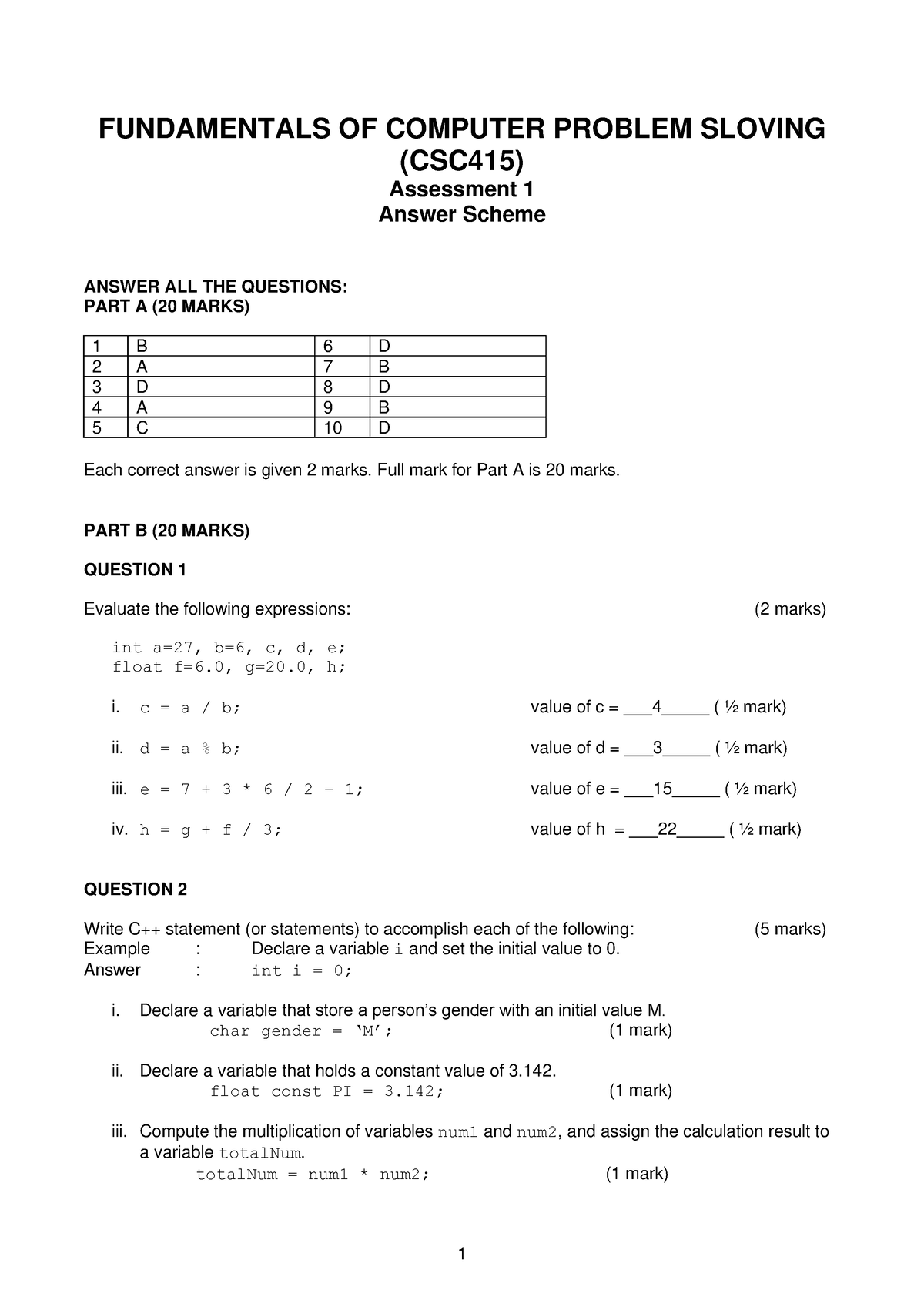 computers and problem solving post project test answer key