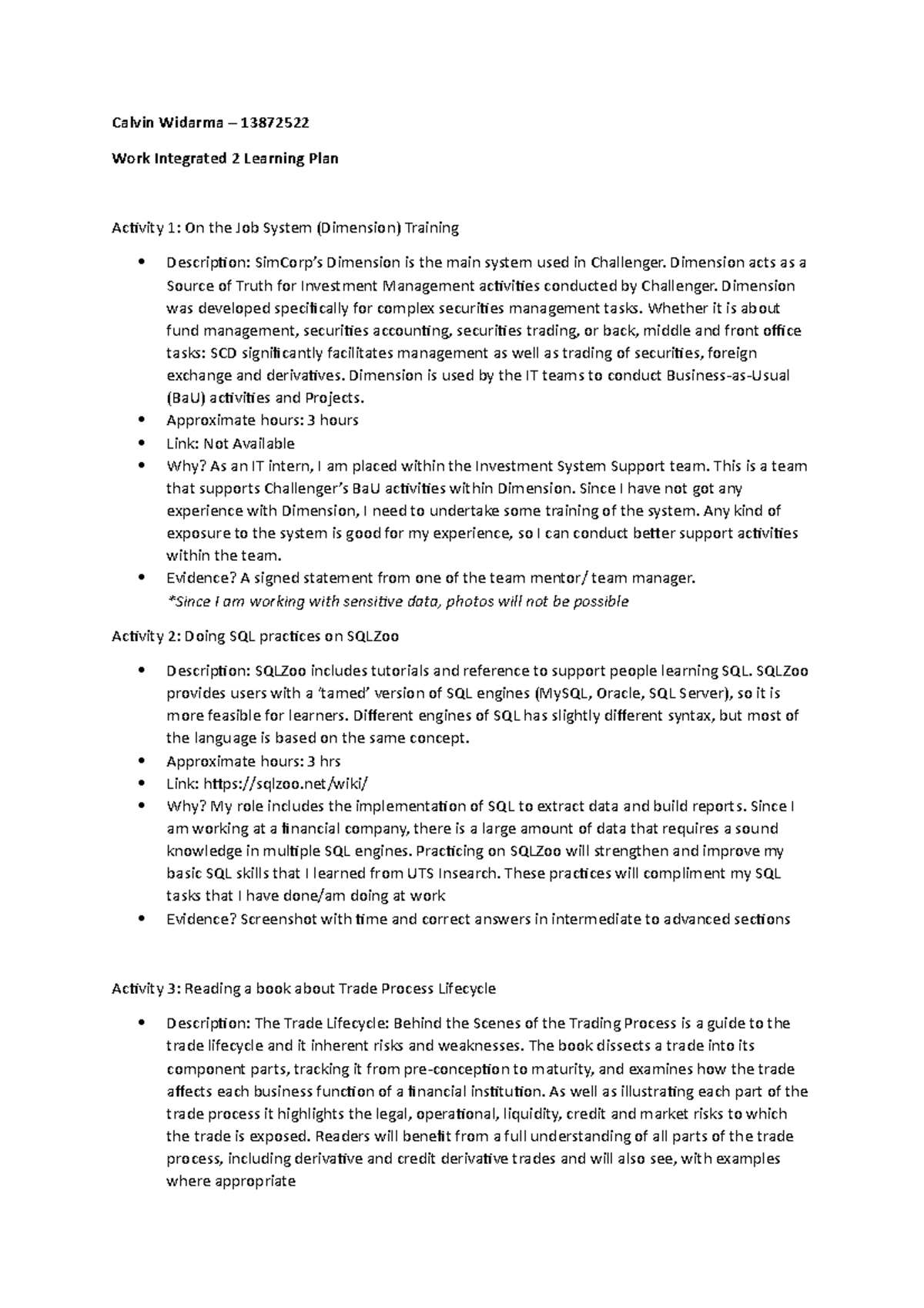 WIL 2 Learning Plan - Calvin Widarma – 13872522 Work Integrated 2 ...