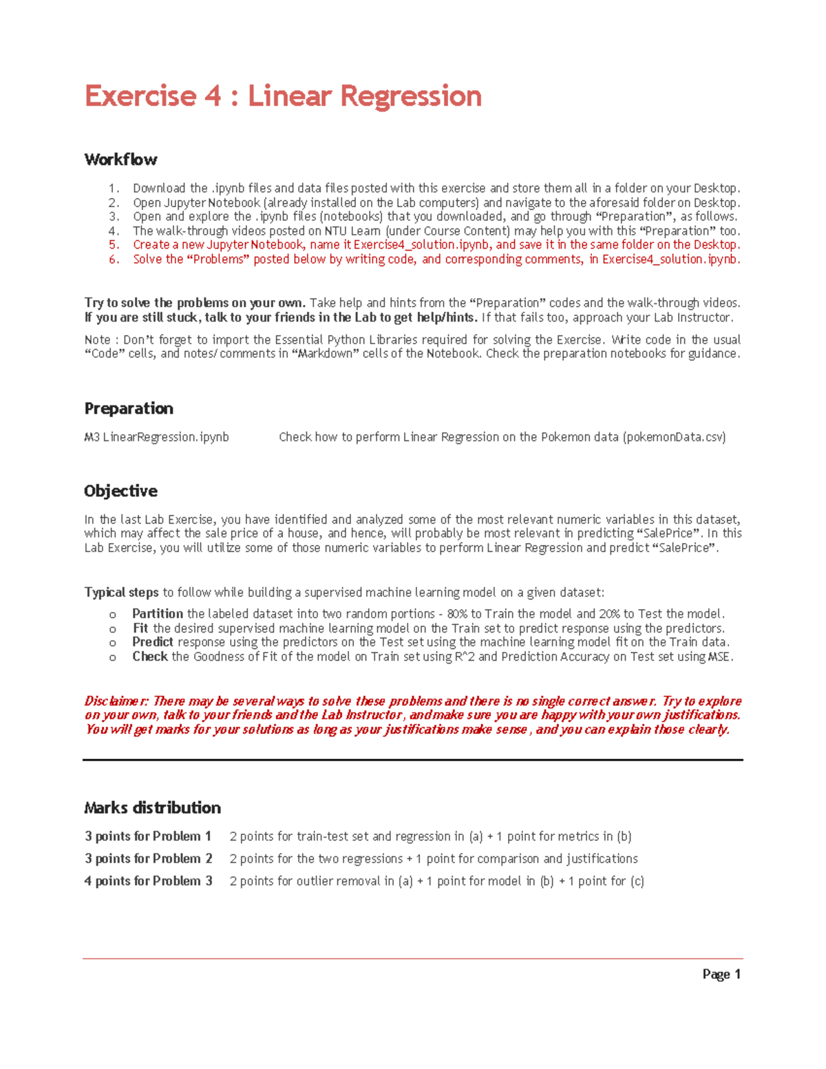 Exercise 4 Problem - Page 1 Exercise 4 : Linear Regression Workflow ...
