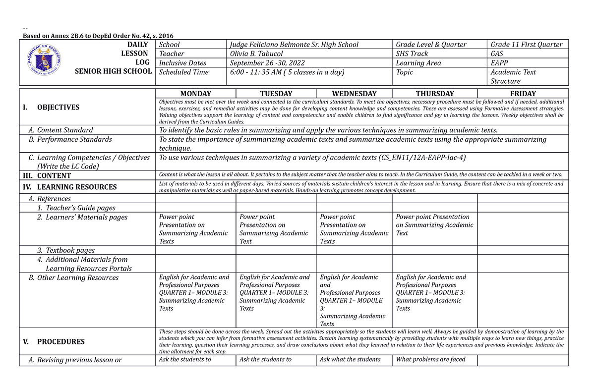 Daily Lesson Log Dll Eapp Sept Based On Annex B To Deped Order My Xxx My Xxx Hot Girl 4692