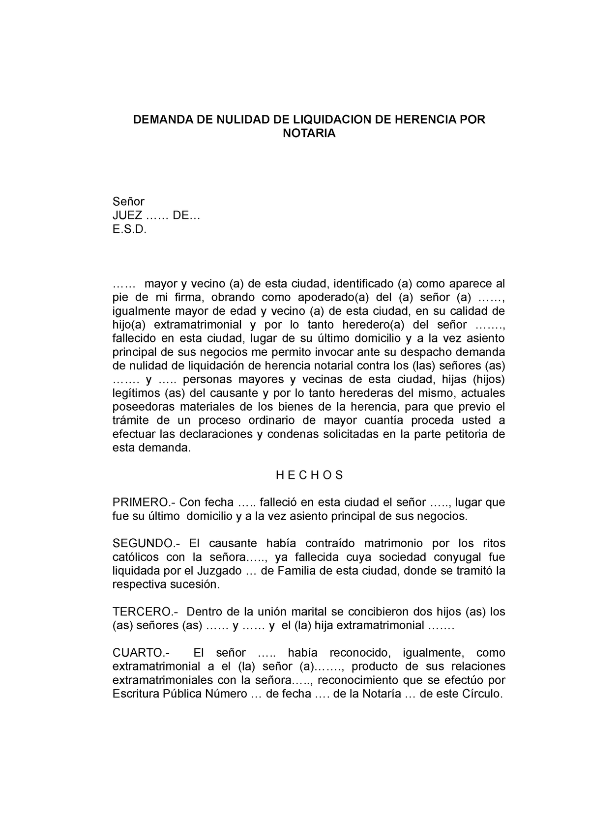 Demanda DE Nulidad Liquidacion Herencia POR Notaria - DEMANDA DE NULIDAD DE  LIQUIDACION DE HERENCIA - Studocu