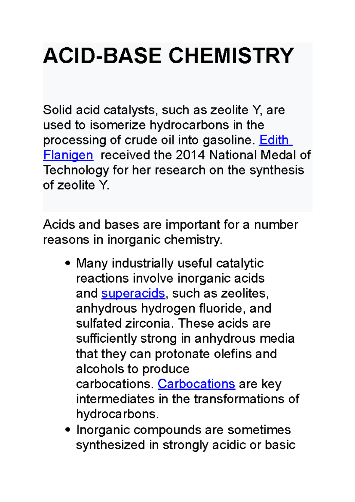 Acid And Base Acid Base Chemistry Solid Acid Catalysts Such As Zeolite Y Are Used To