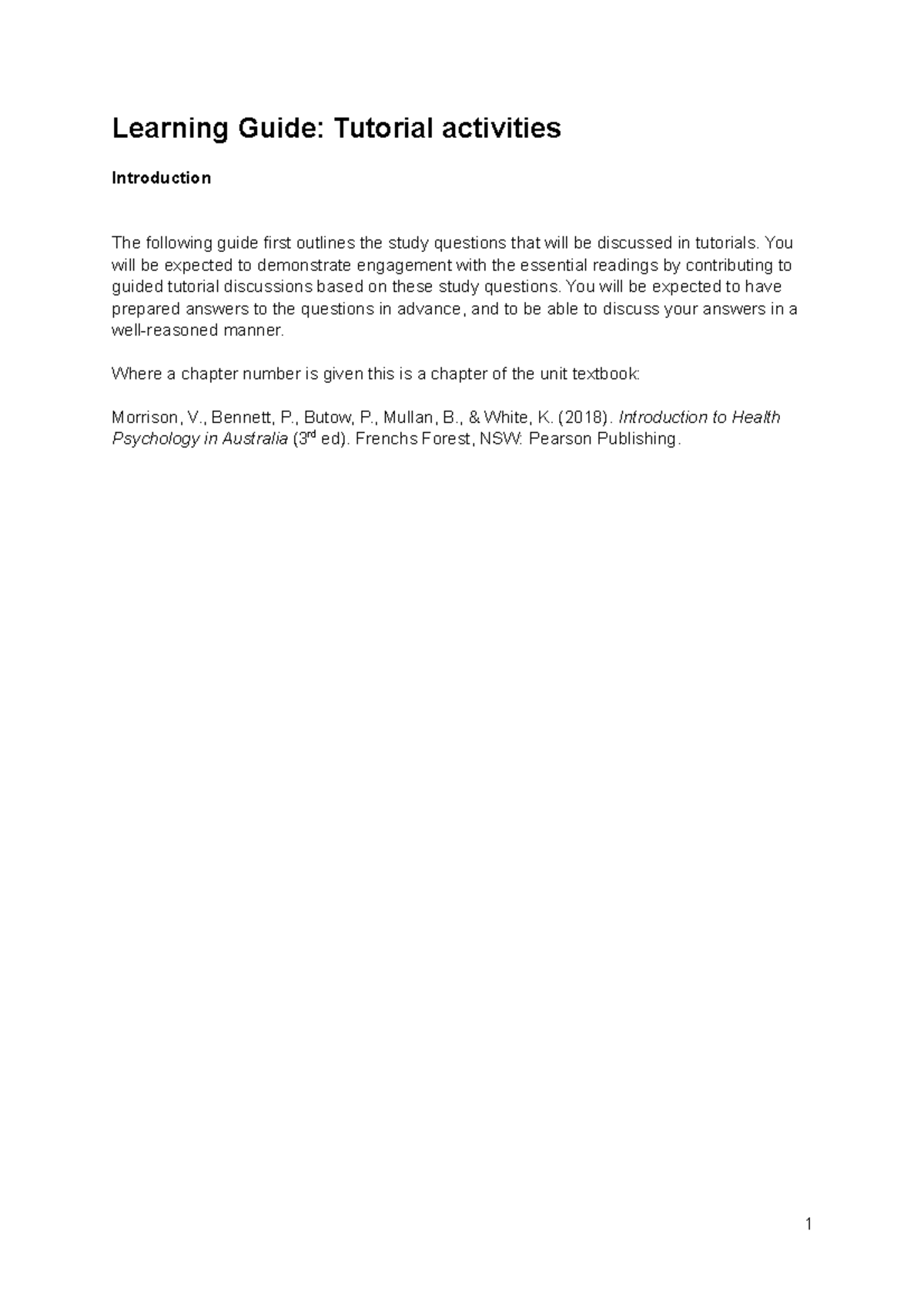 PSY141 Tutorial Guide and work S2 2020 2 - Learning Guide: Tutorial ...