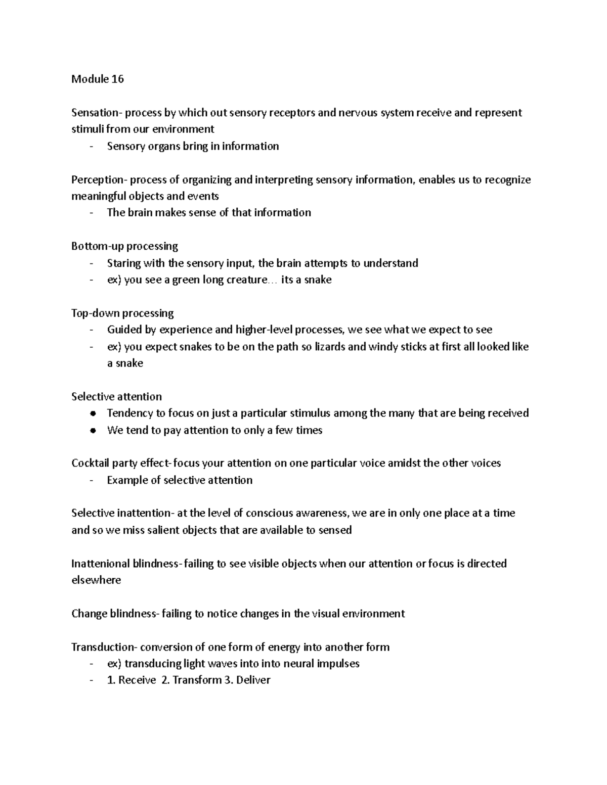 AP PSych notes - Module 16 Sensation- process by which out sensory ...