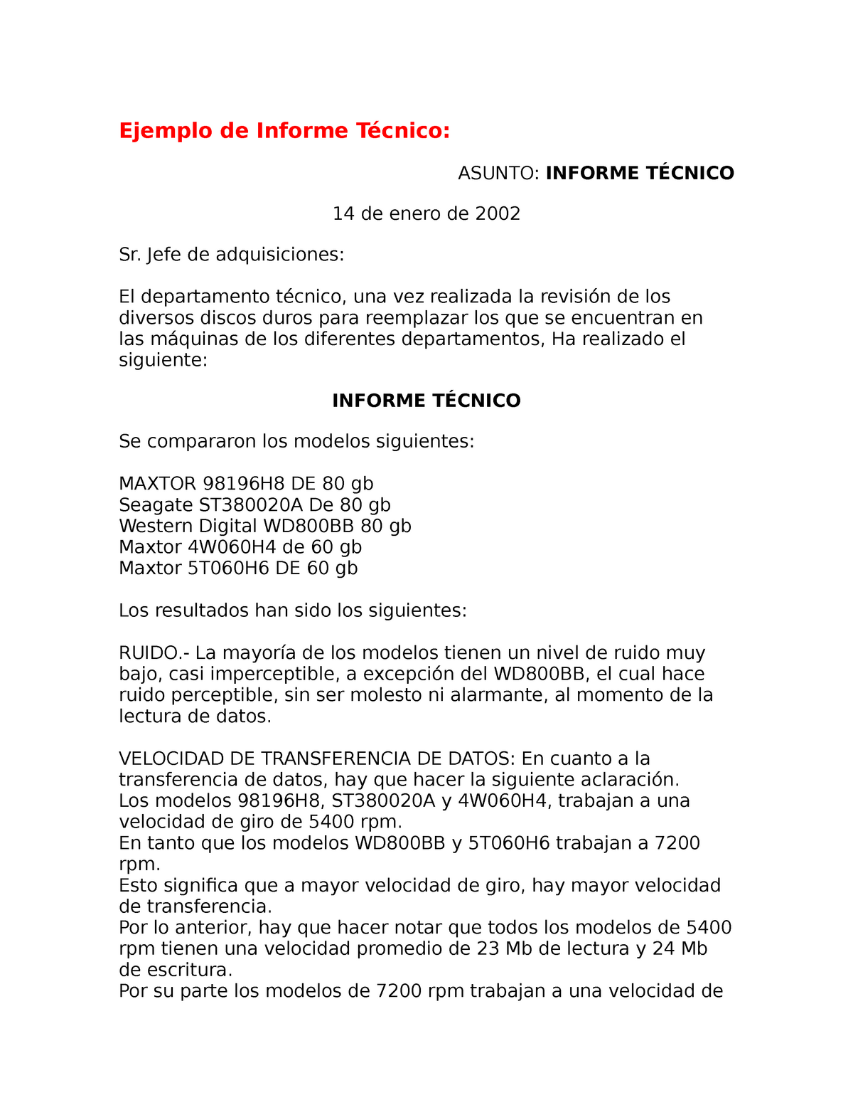 Ejemplo de informe laboral - Ejemplo de Informe Técnico: ASUNTO: INFORME  TÉCNICO 14 de enero de 2002 - Studocu