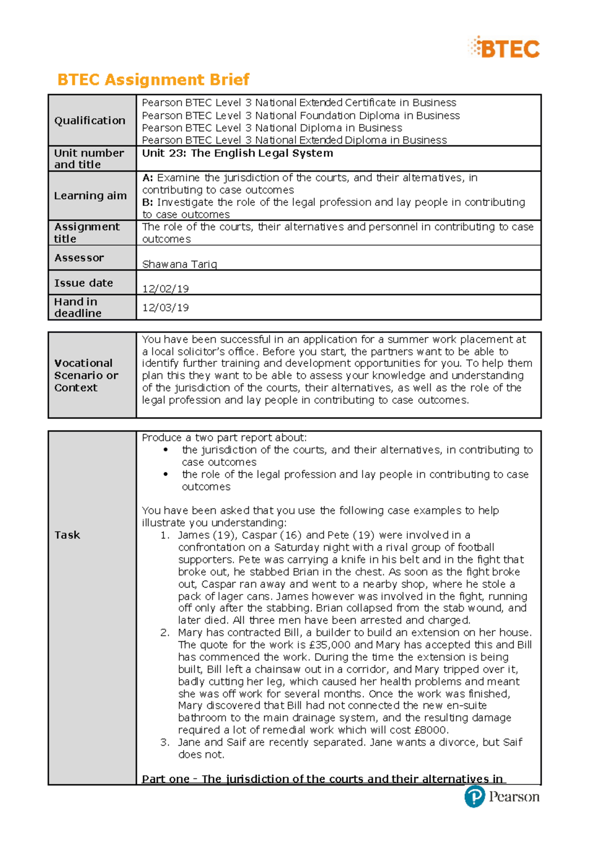 Unit 23 Authorised Assignment Brief For Learning Aims A And B The ...