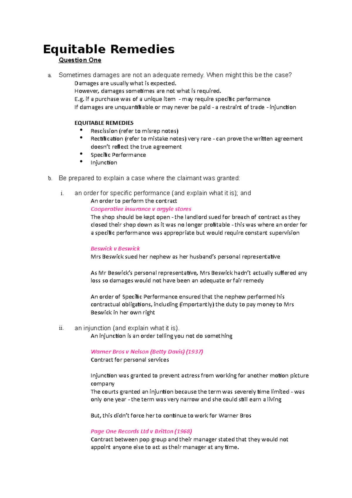Equitable Remedies Seminar 16 Equitable Remedies Question One a