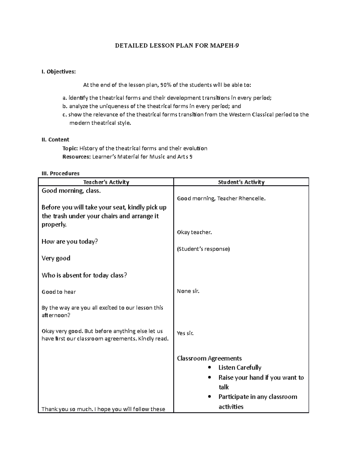 Detailed Lesson PLAN FOR Mapeh - DETAILED LESSON PLAN FOR MAPEH- I ...