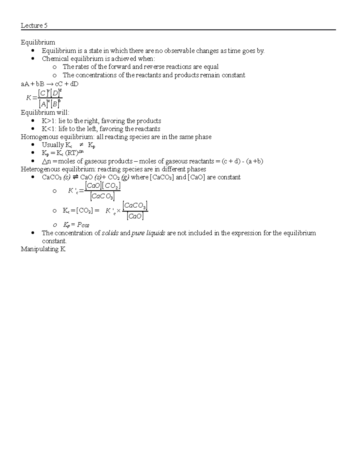 Exam 2 Lecture Notes - Equilibrium Equilibrium is a state in which ...