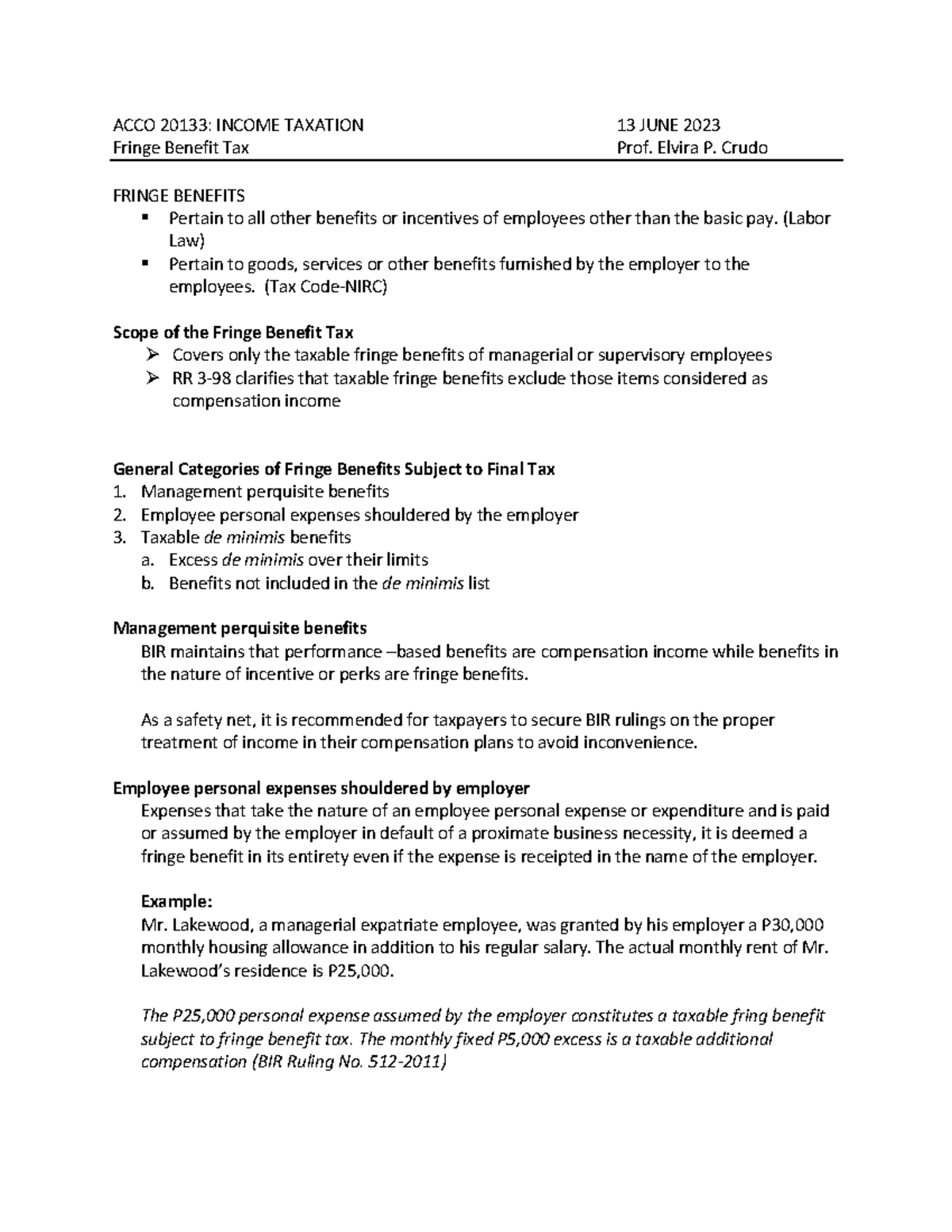 Fringe BenefitTAX FOR TAXATION ACCO 20133 TAXATION 13