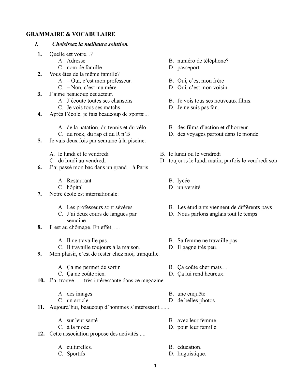 Seance 1-1 - Notes For French - GRAMMAIRE & VOCABULAIRE I. Choisissez ...