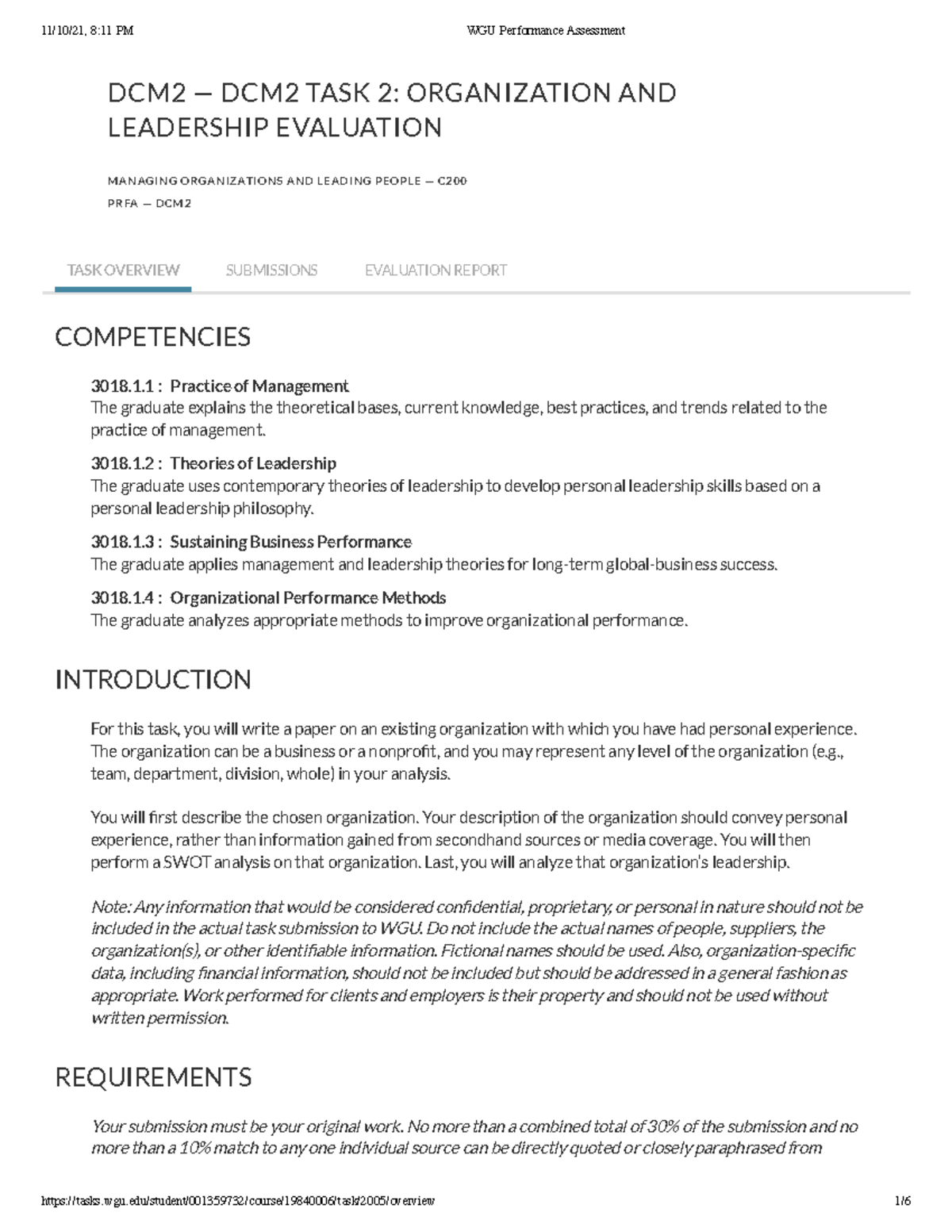 WGU Performance Assessment Task 2 - DCM2 — DCM2 TASK 2: ORGANIZATION ...