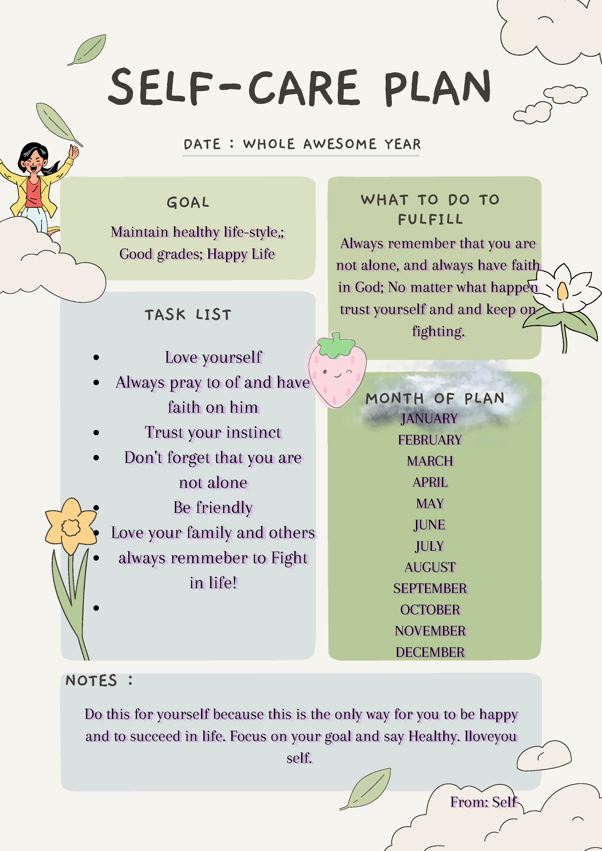 SELF CARE PLAN Self Care Plan Example SELF CARE PLAN GOAL TASK LIST 