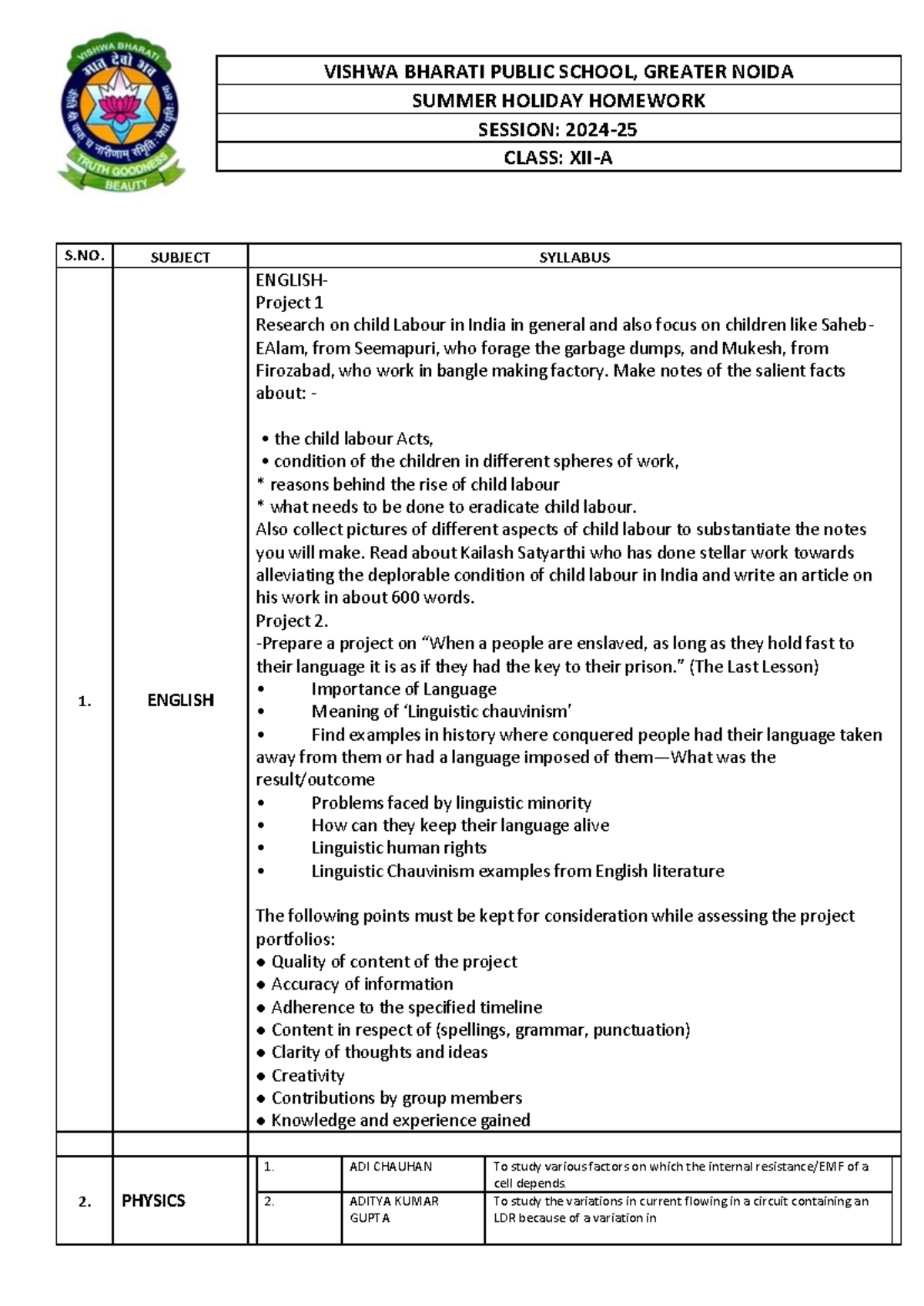 holiday homework bbps noida