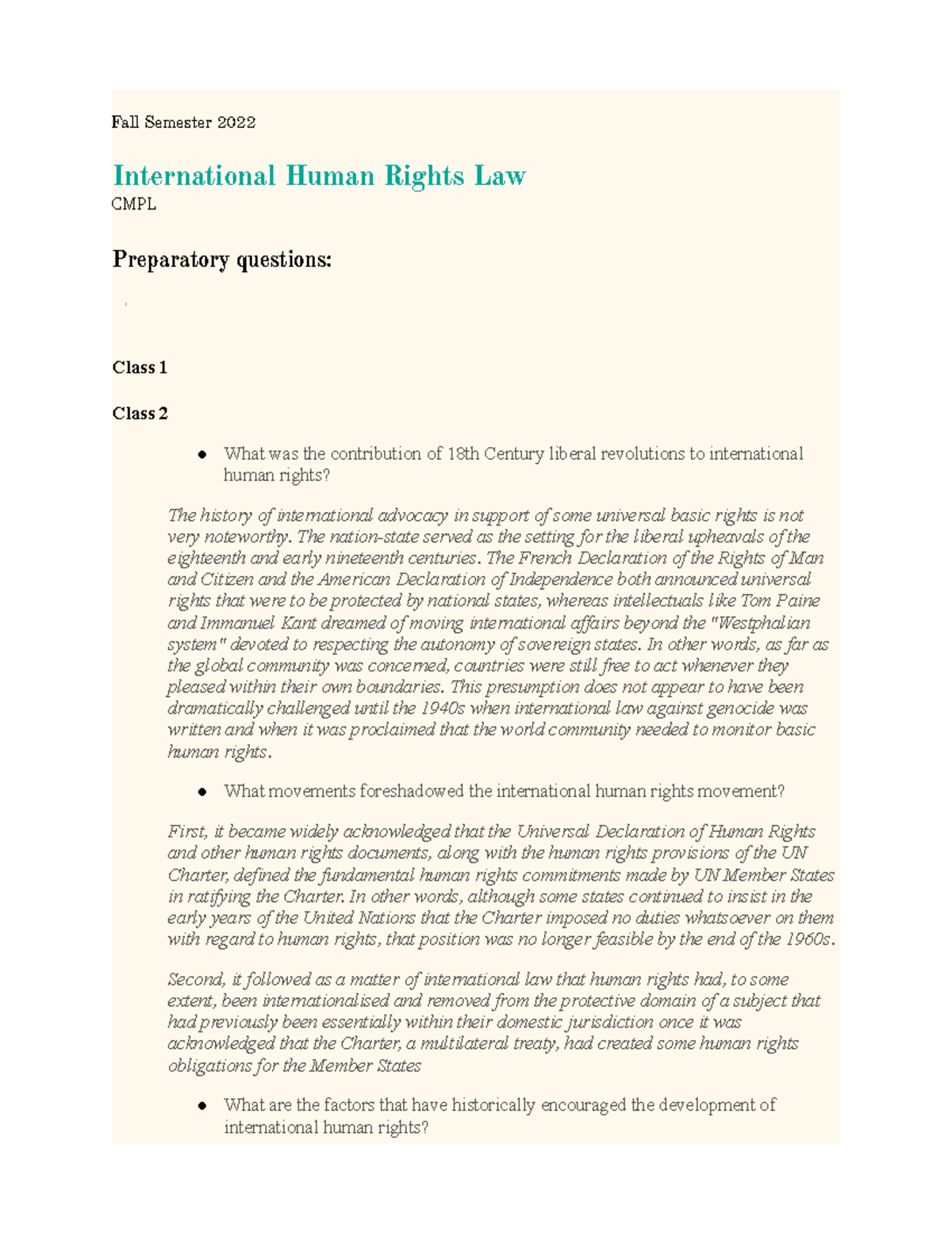 Class notes - Fall Semester 2022 International Human Rights Law CMPL ...