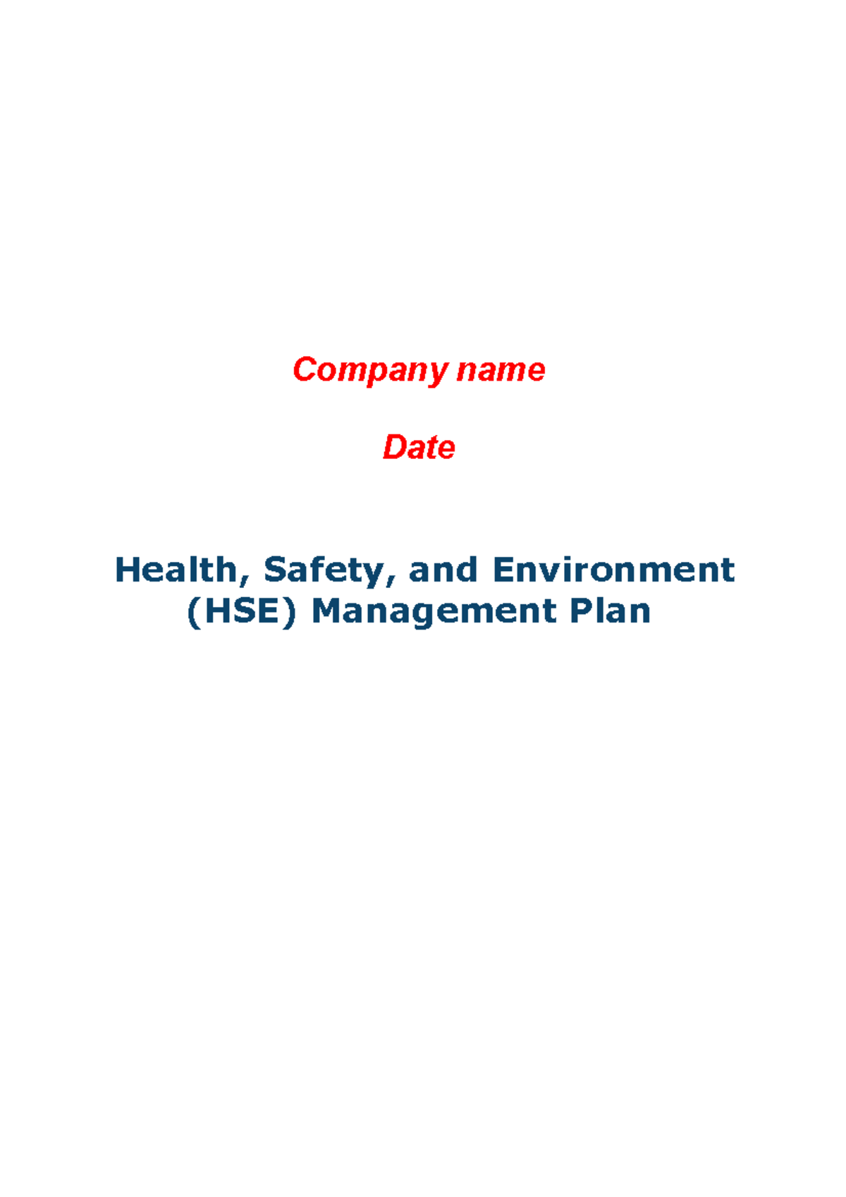 Template Contoh HSE Plan - Company name Date Health, Safety, and ...