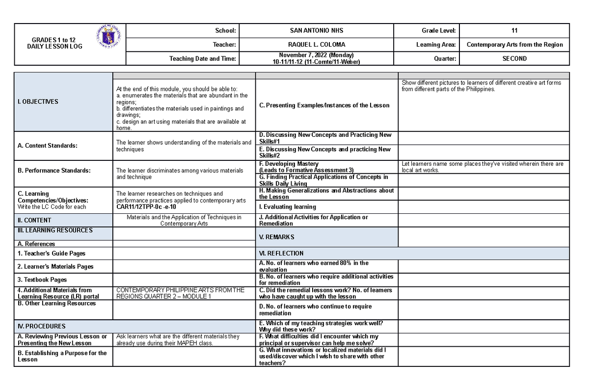 Week 1 Contemporary Arts Raquel - GRADES 1 to 12 DAILY LESSON LOG ...