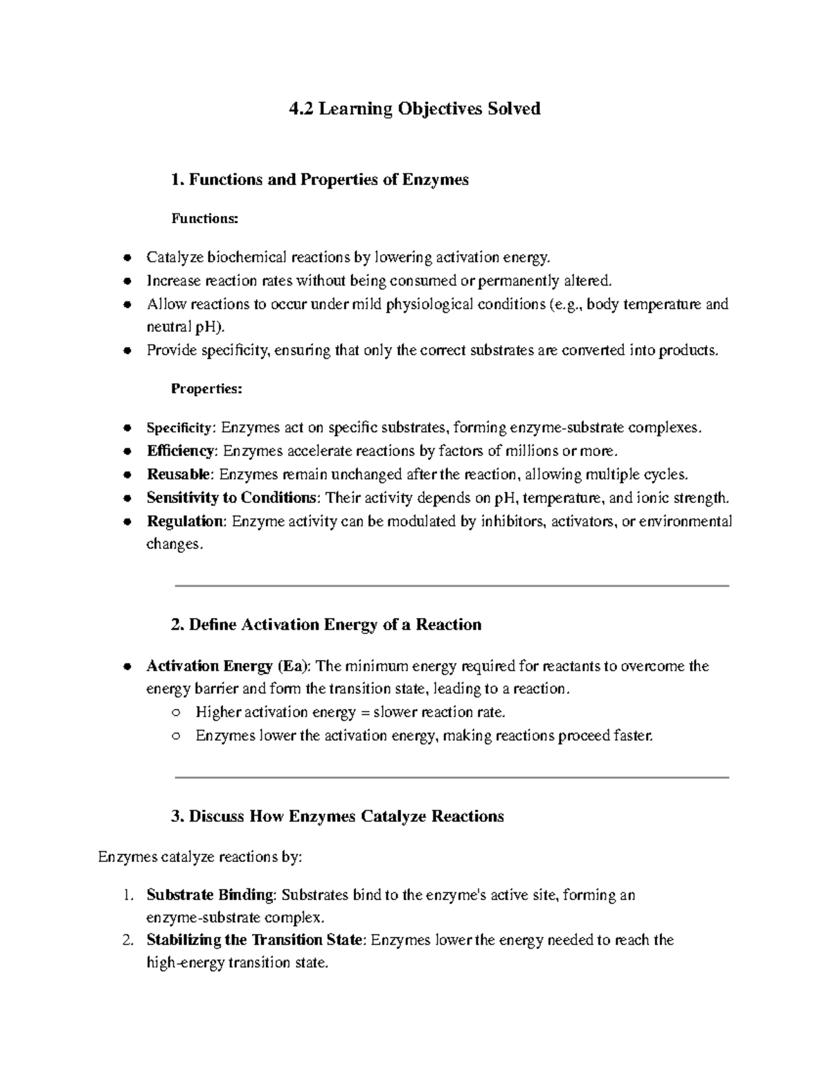 Learning Objectives Solved #7 - Functions and Properties of Enzymes ...