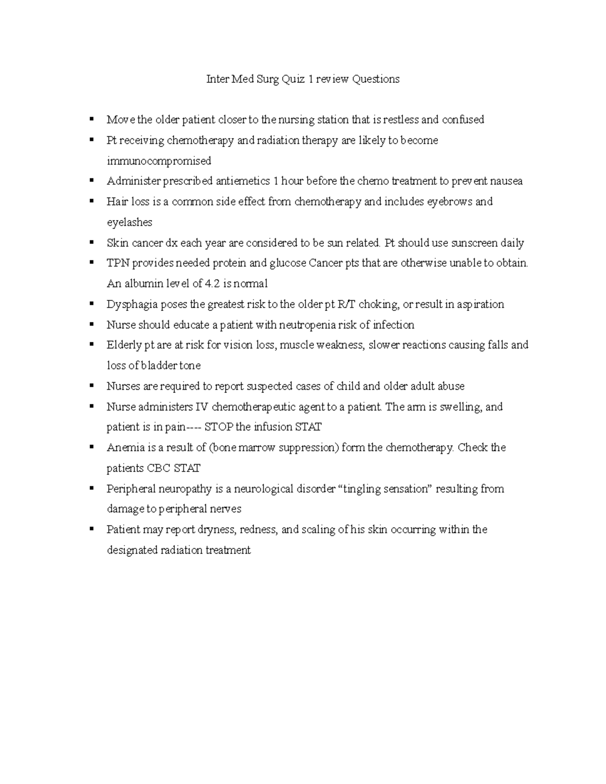 Inter Med Surg Quiz 1 review Questions Inter Med Surg Quiz 1 review