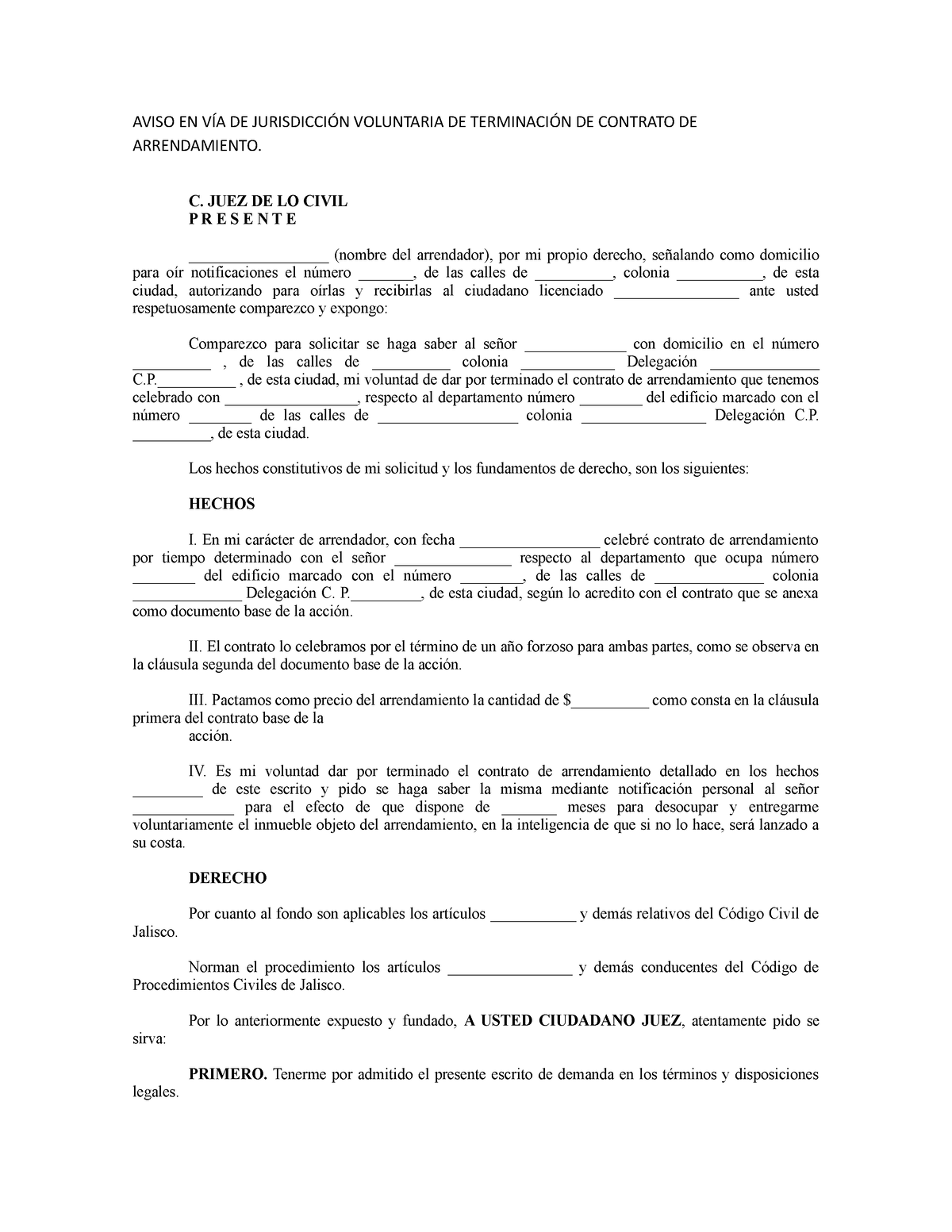 Aviso EN VÍA DE Jurisdicción Voluntaria DE Terminación DE Contrato DE ...