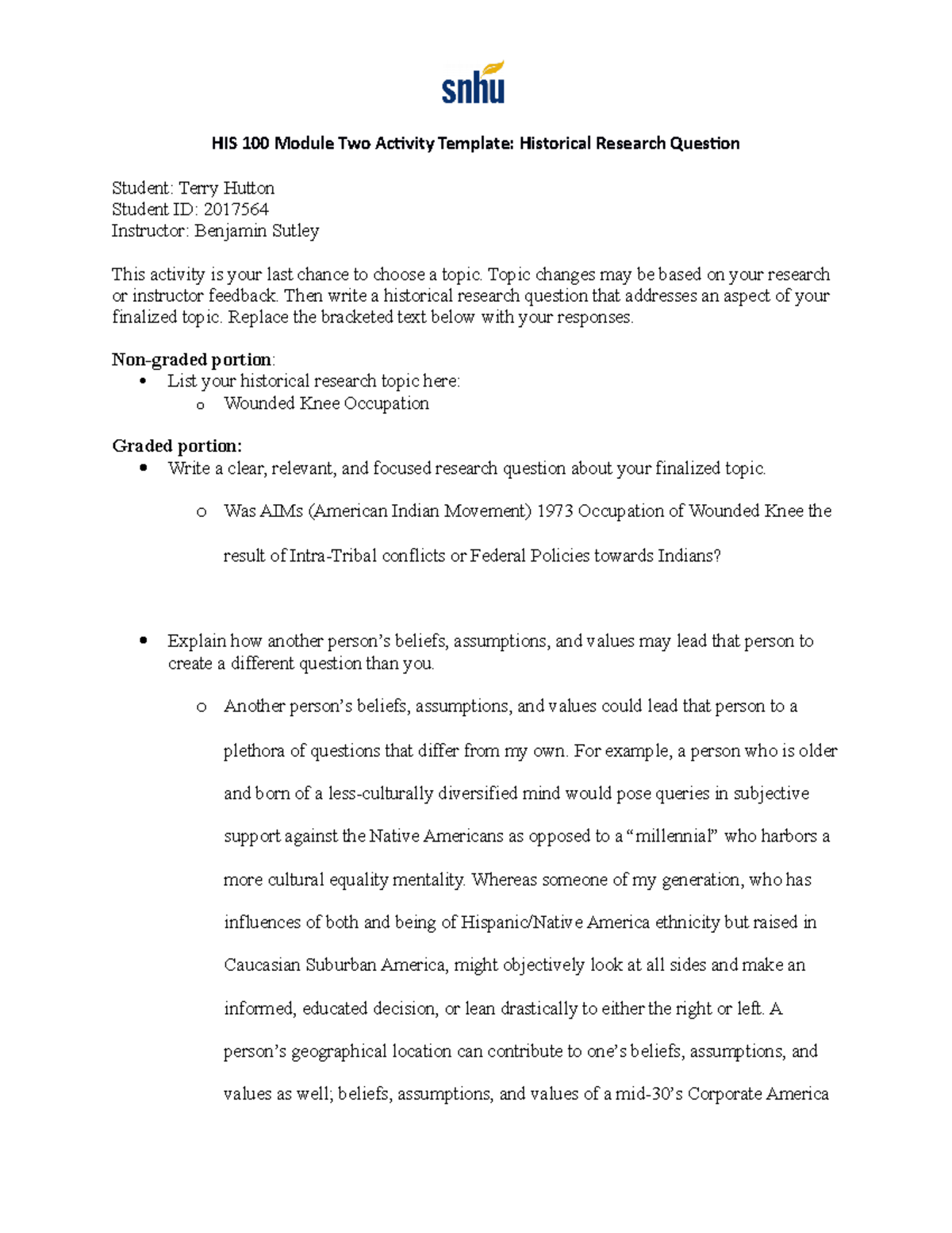 HIS 100 Module Two Activity Research Question Template - HIS 100 Module ...