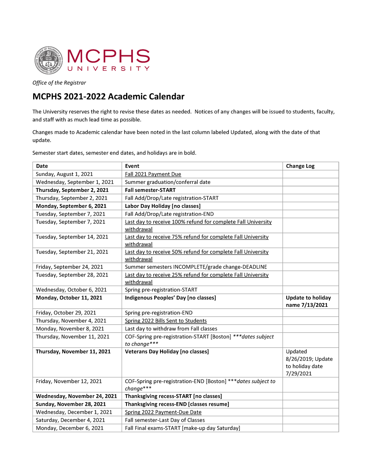 2122Academic Calendar Office of the Registrar MCPHS 20212022
