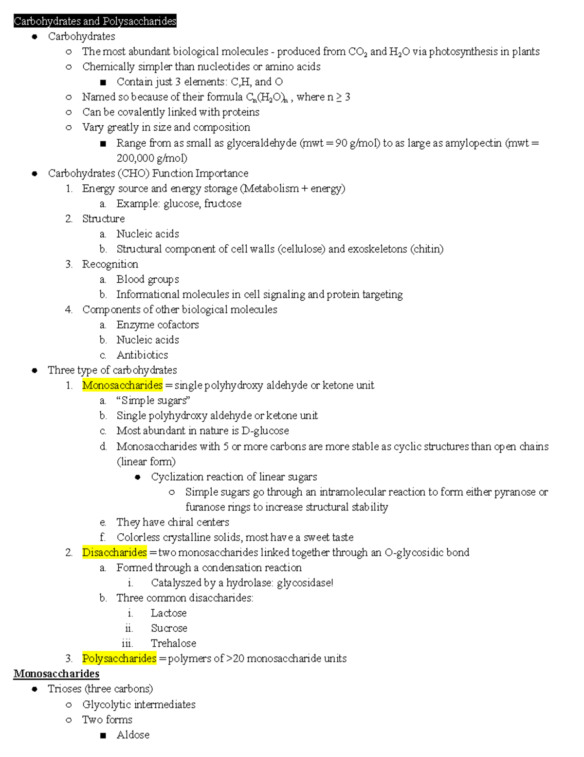 Biochemistry 153 Carbohydrates and Lipids Lecture Notes - Carbohydrates ...