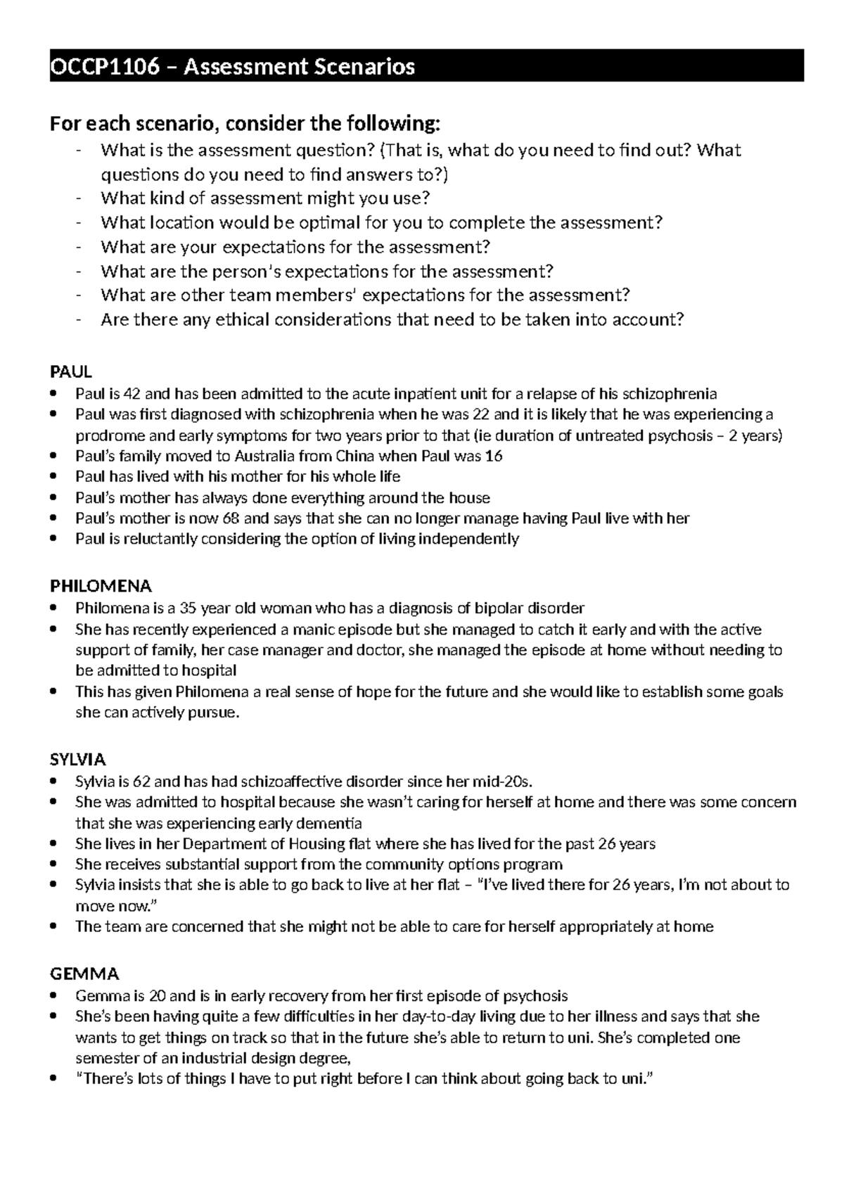 OCCP1106 - Week 9 - Assessment Scenarios - OCCP1106 – Assessment ...