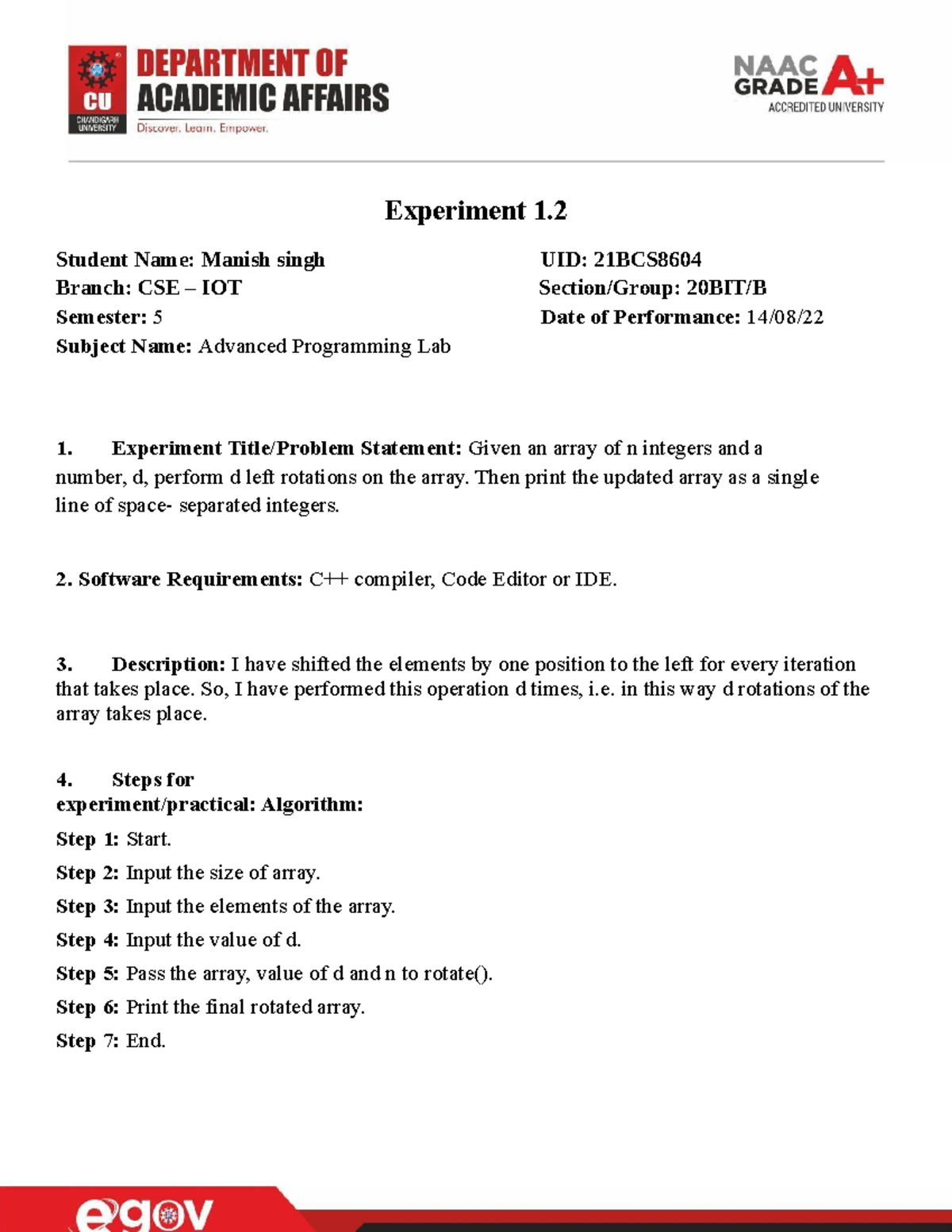 AP Lab Exp 1.2 Manish Singh 21BCS8604 - Experiment 1. Student Name ...