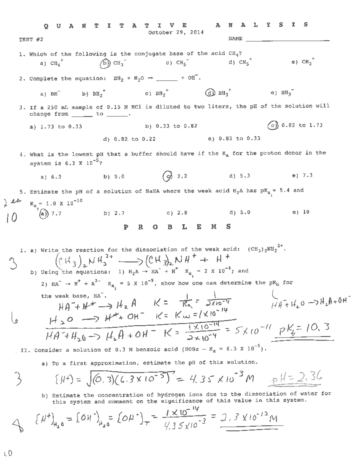 CHEM 2223 TEST 2 KEY fall 2014 - QUANTITATIVE A N AL Y SI S October 29 ...