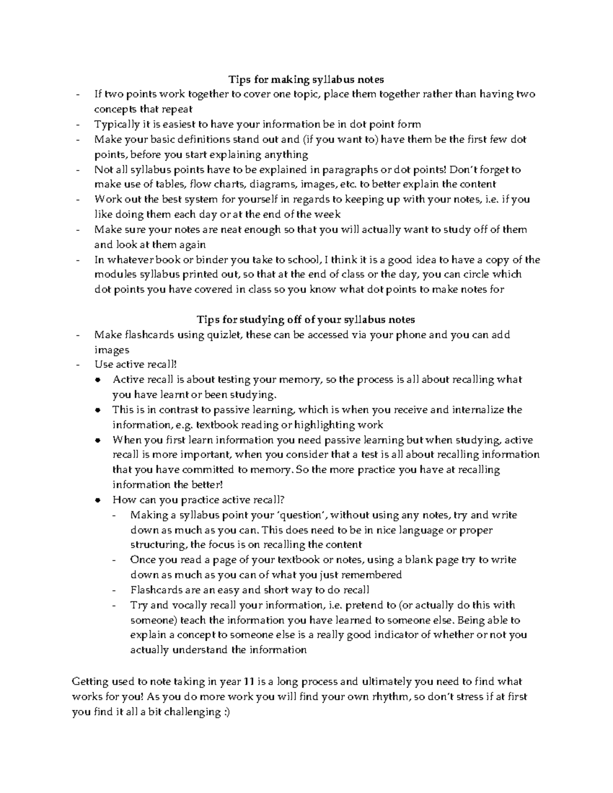 Note tips - Tips for making syllabus notes If two points work together ...