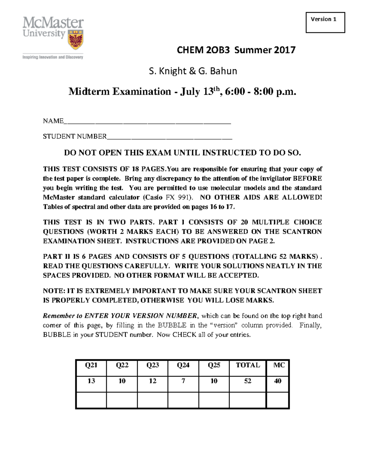 Midterm 1 13 July 2017, questions and answers - CHEM 2OB3 Summer 2017 S ...