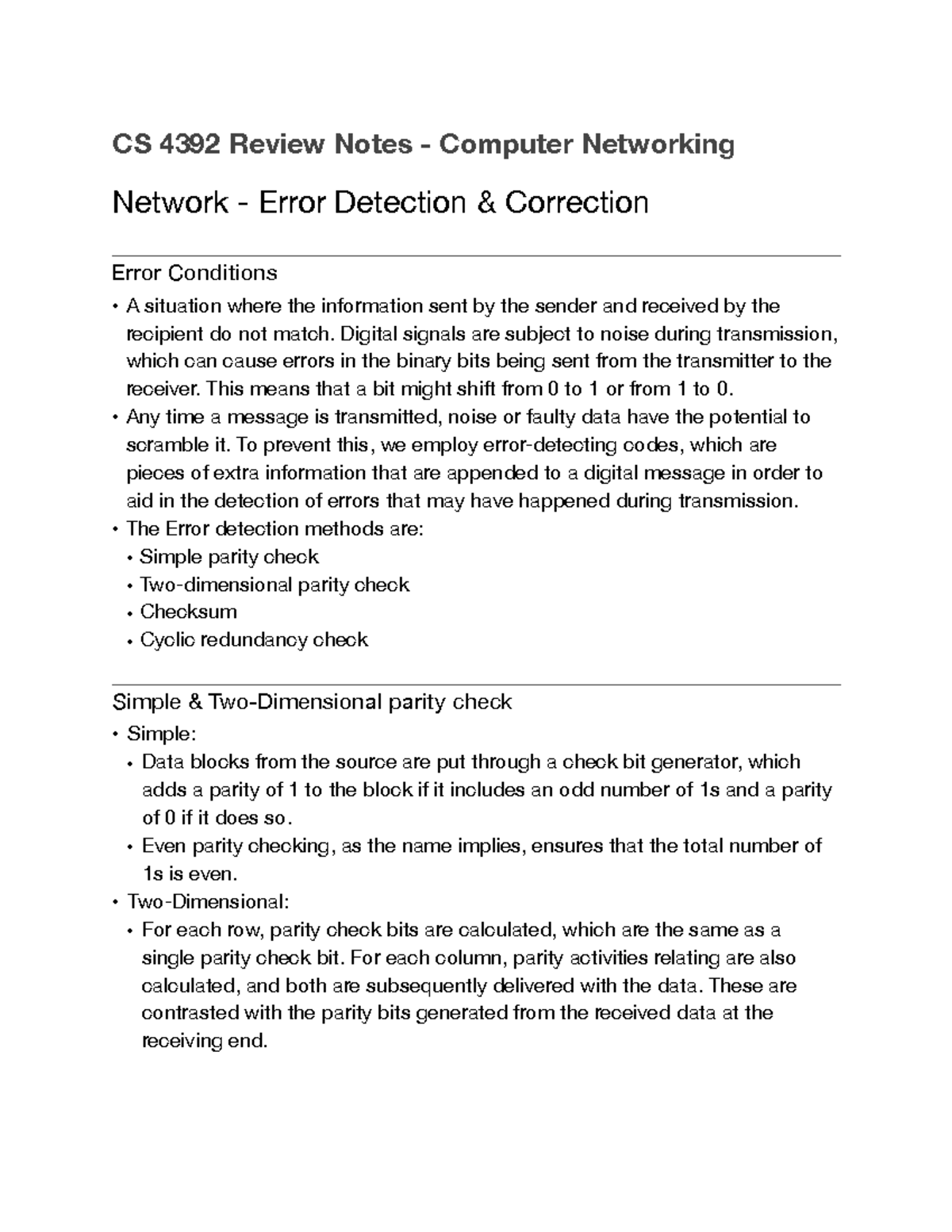 CS 4392 Notes - Error Detection - CS 4392 Review Notes - Computer ...