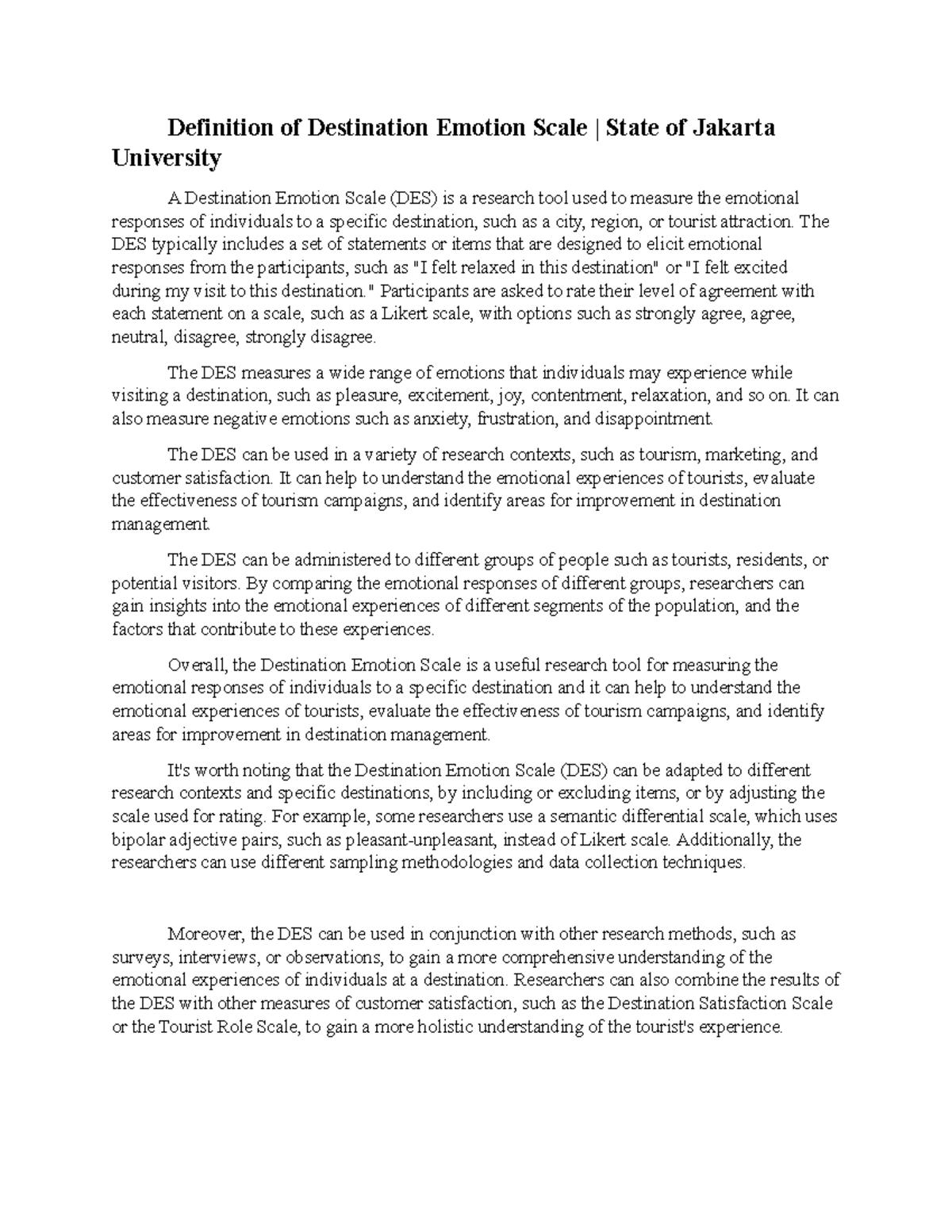 Definition of Destination Emotion Scale State of Jakarta University