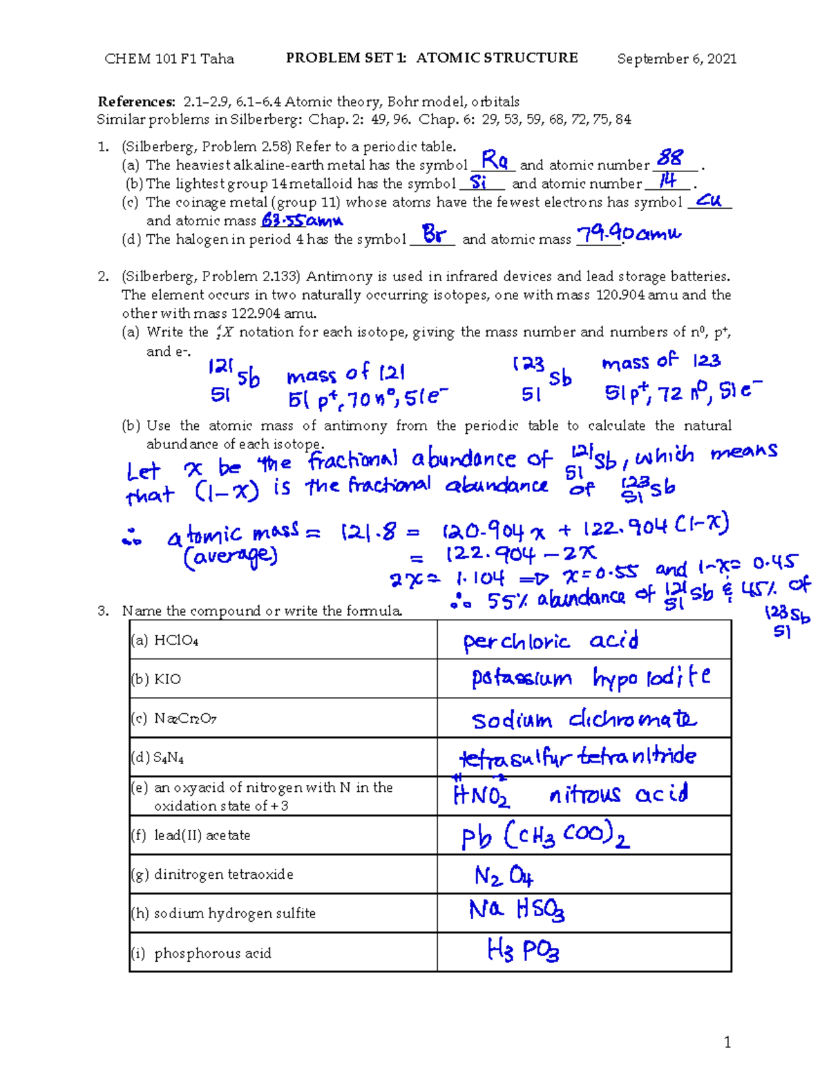 Problem Set 1 2021 Solutions - 1 References: 2–2, 6–6 Atomic theory ...