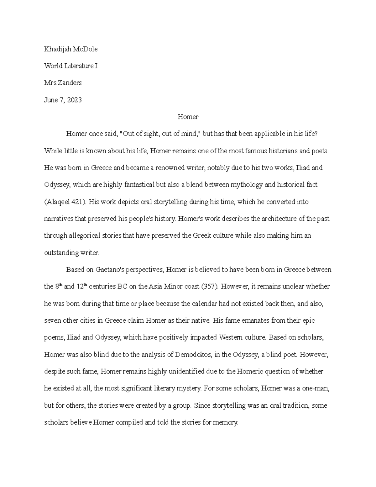 5799421 Homer - summary - Khadijah McDole World Literature I Mrs June 7 ...