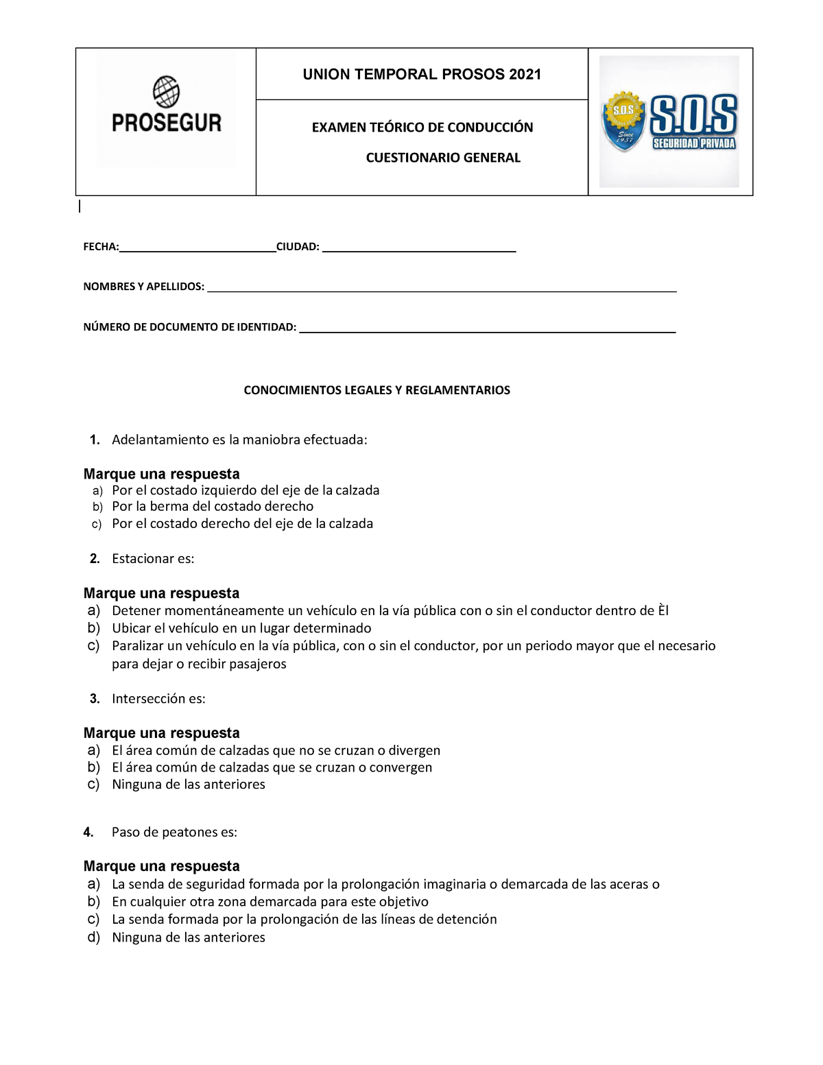 7. Examen Teorico DE Conduccion Prosos 2021 - EXAMEN TEÓRICO DE ...