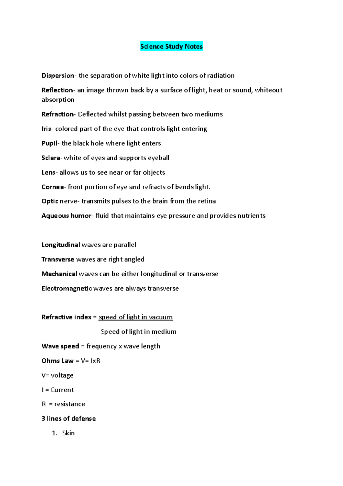 Science exam notes 2020 term 4 - Science Study Notes Dispersion- the ...