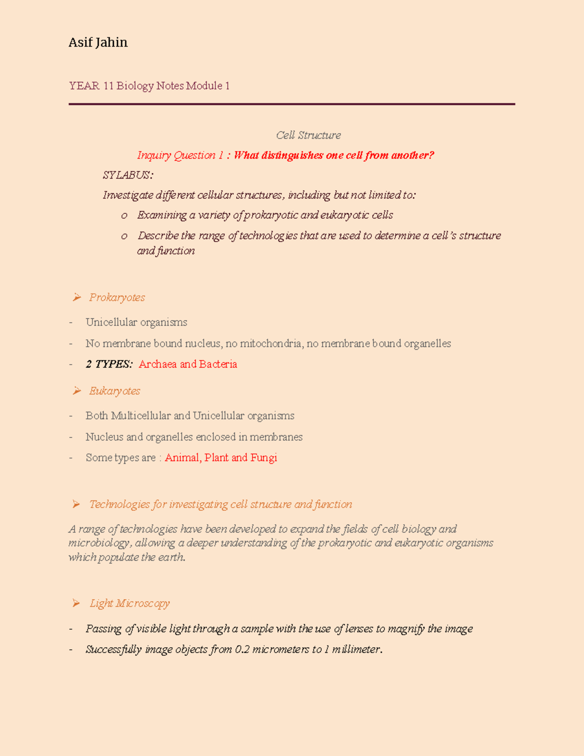 Module 1 Biology Notes - Asif Jahin YEAR 11 Biology Notes Module 1 Cell ...