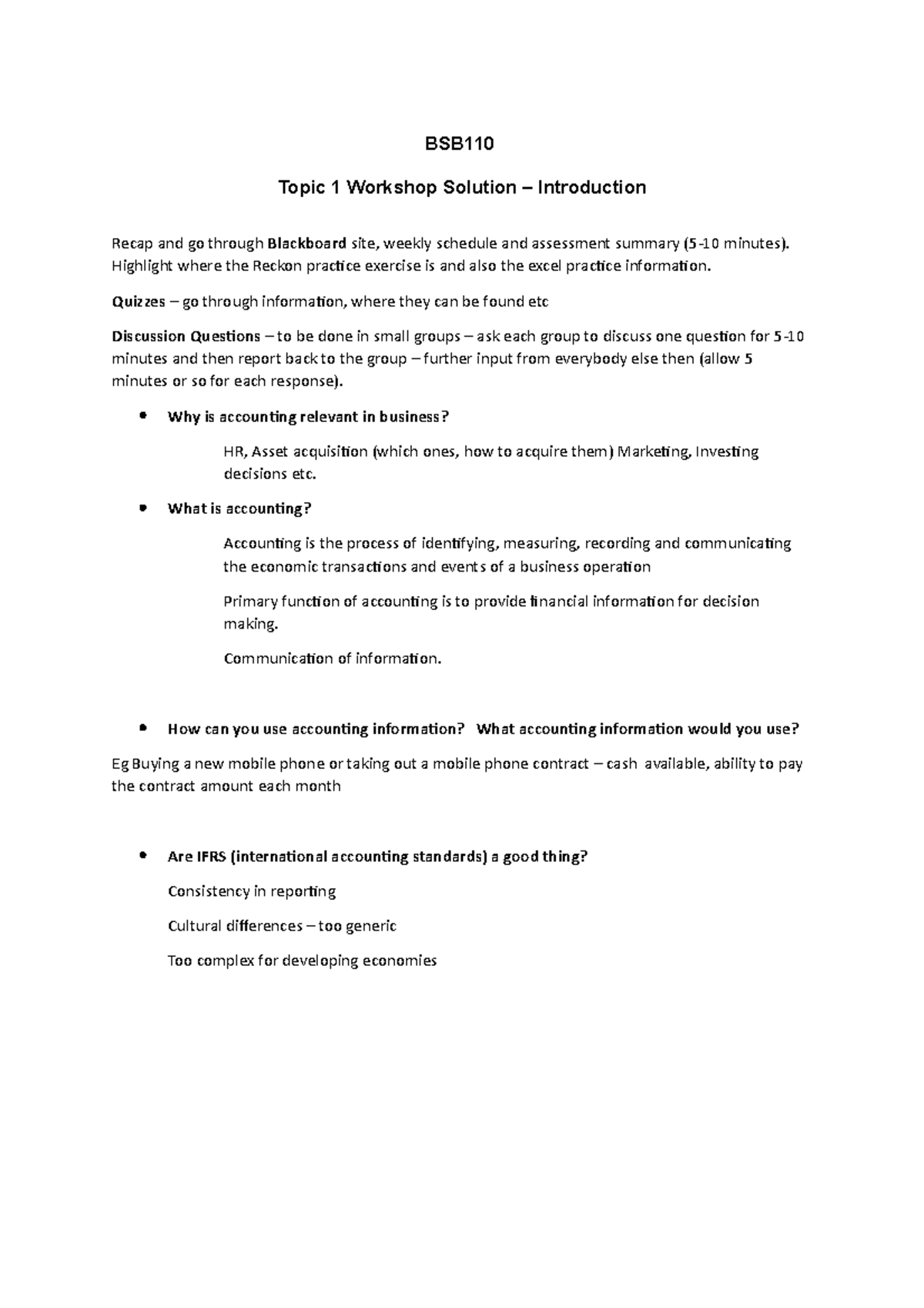 Workshop 1 - BSB Topic 1 Workshop Solution – Introduction Recap and go ...