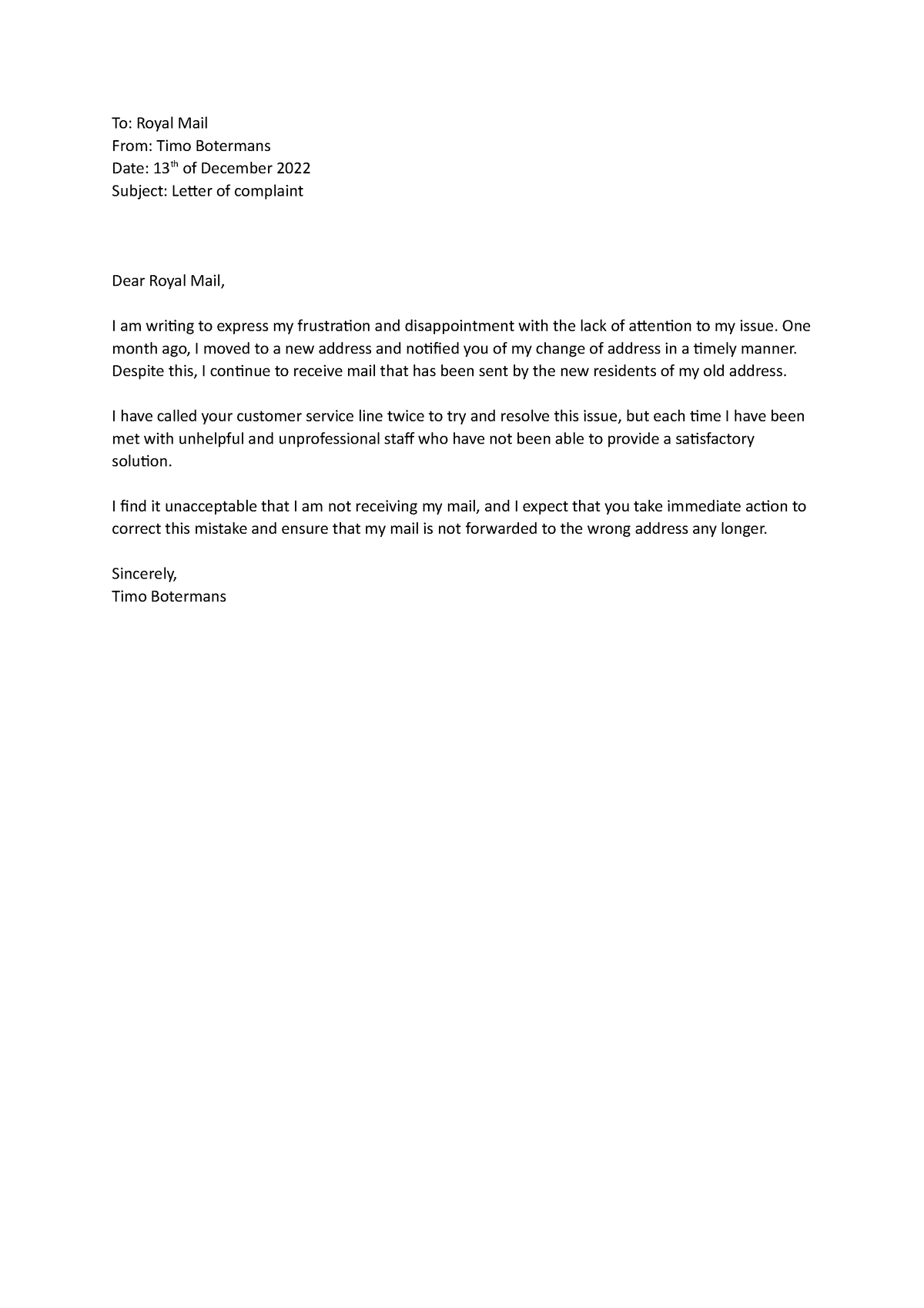 Letter of complaint - xxx - To: Royal Mail From: Timo Botermans Date ...