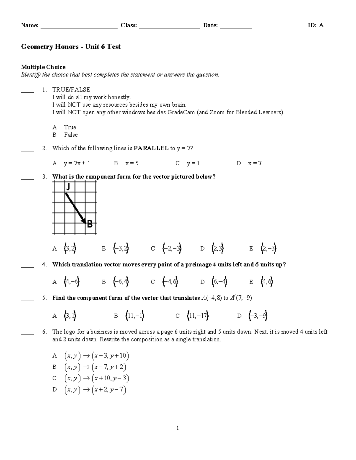 Test Unit6 Geometry Honors Name ________________________ Class