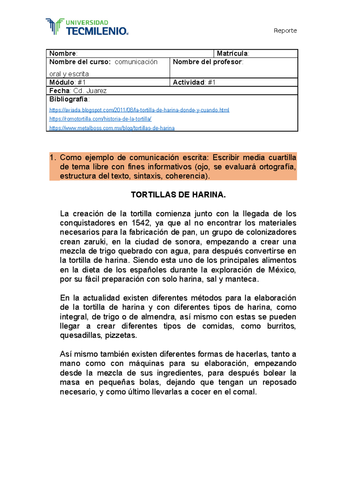 Actividad 1 De Comunicación Oral Y Escrita - Reporte Nombre : Matrícula ...