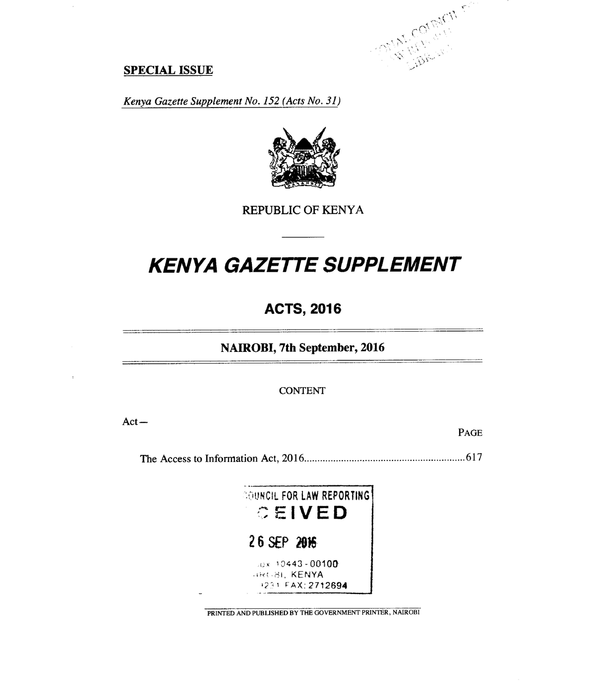 Accessto Information Act No 31of2016 SPECIAL ISSUE Kenya Gazette