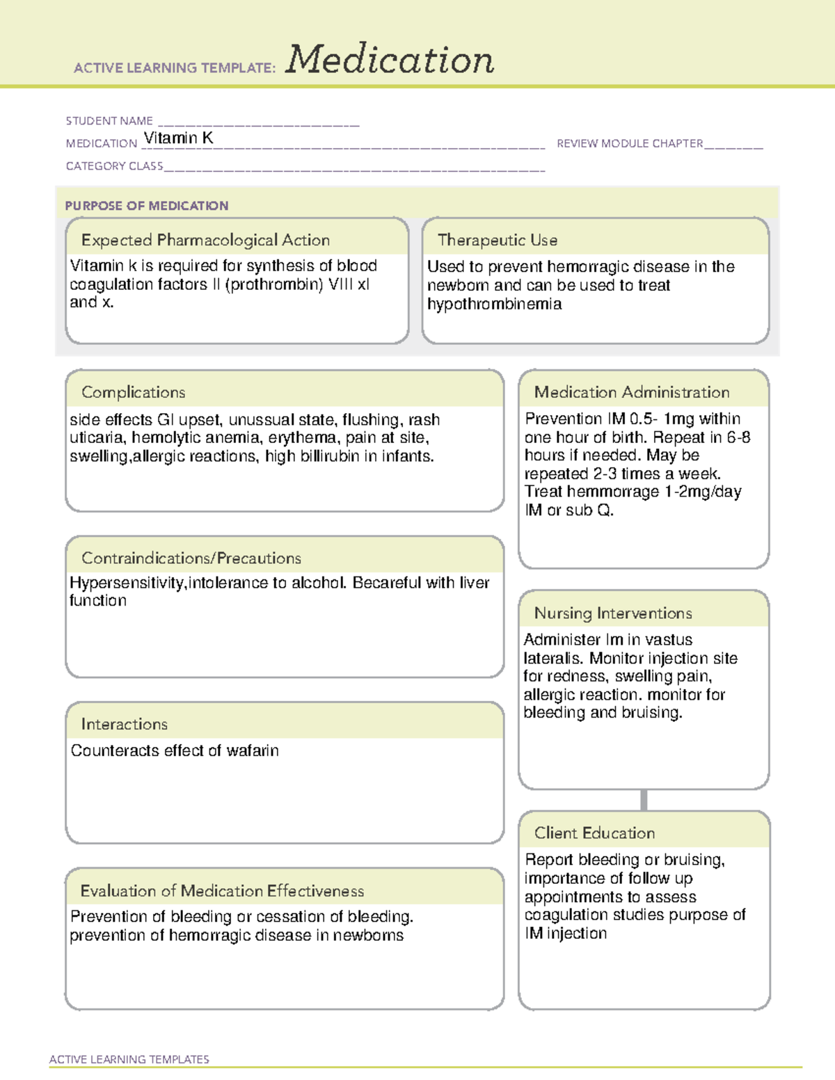 Vitamin k drug card - Medication card - ACTIVE LEARNING TEMPLATES ...