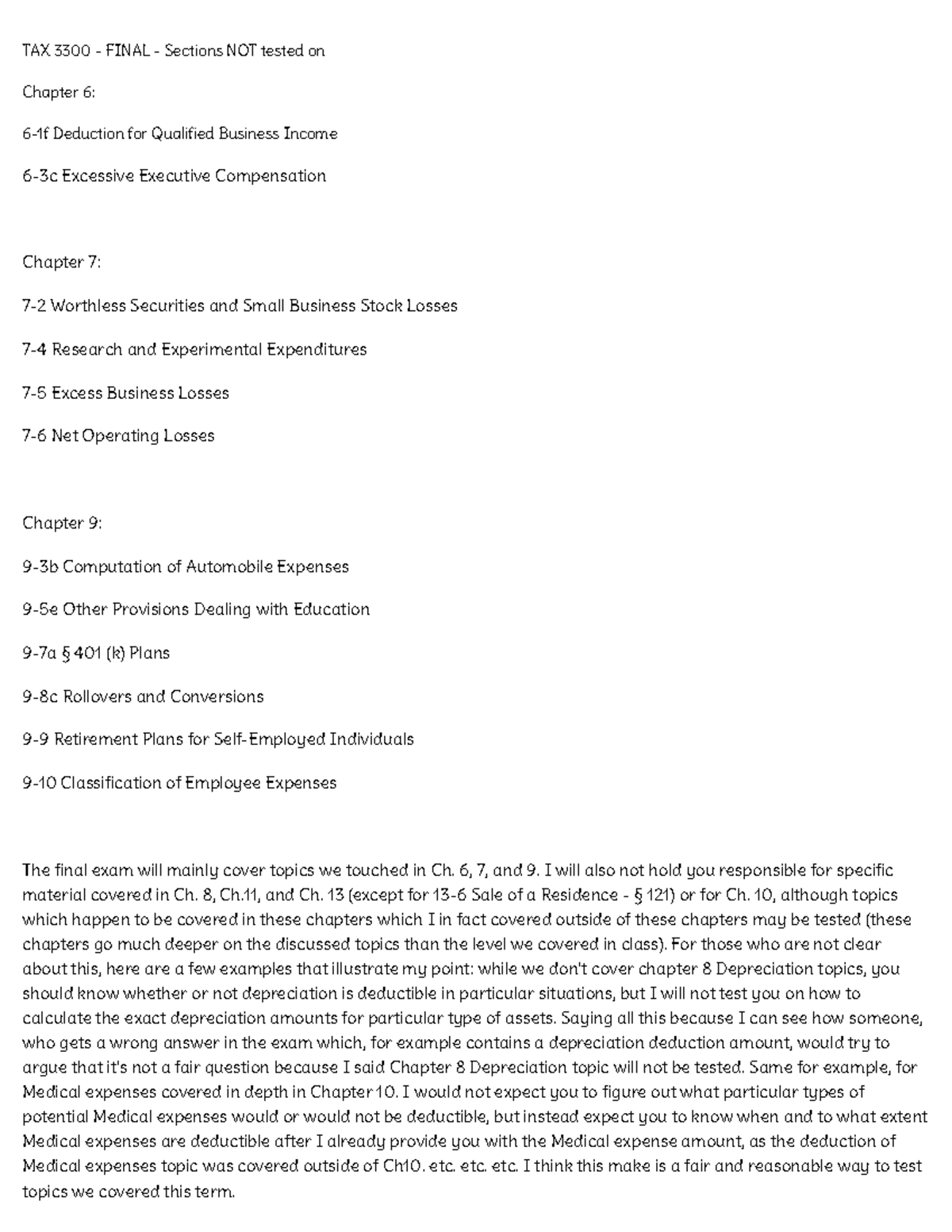 TAX sections not covered in Final TAX 3300 FINAL Sections NOT